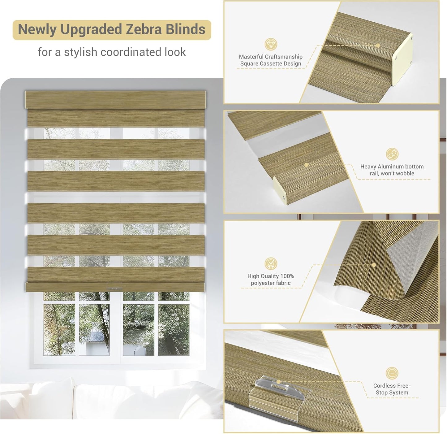 Cordless Zebra Blinds for Windows, Blackout Interior Blinds,Easy to Install,UV Protection,for Offices and Home,Custom Roller Shades, Mousse Light Bown,47" W x 56" H