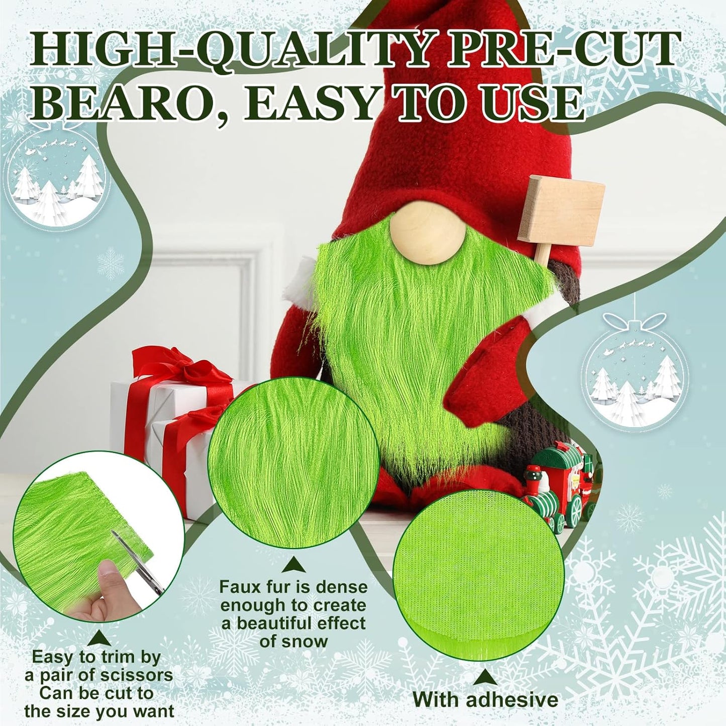 60 Pcs Gnomes Beard Sets Faux Fur Pre Cut Gnomes Beard Foam Cone Foam Handmade Wood Balls for Halloween Christmas Day Crafts(White, Green, Gray)