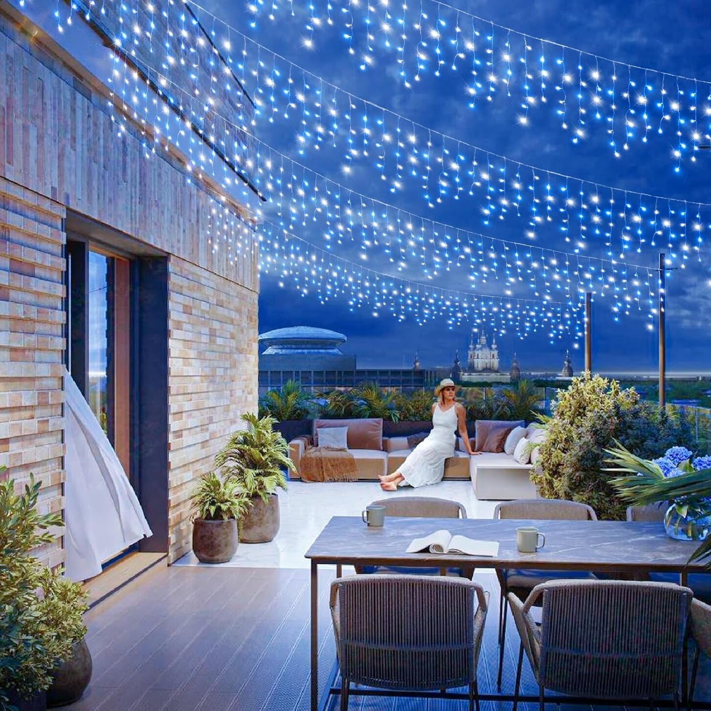 66ft Icicle Lights for Outside, Blue and White Christmas Lights Outdoor Indoor, 640 LED Twinkle String Light with 120 Drops Short Curtain Lights for Thanksgiving Room Home Wall Bedroom Window Decor