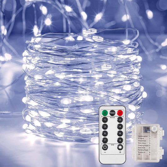 1 Pack 32.8 Ft. Battery Operated Outdoor String Lights with Remote & Timer, LED Cool White Fairy Lights, Waterproof Twinkle Lights for Bedroom, Dorm, Mason Jar, Wedding, Party, Christmas