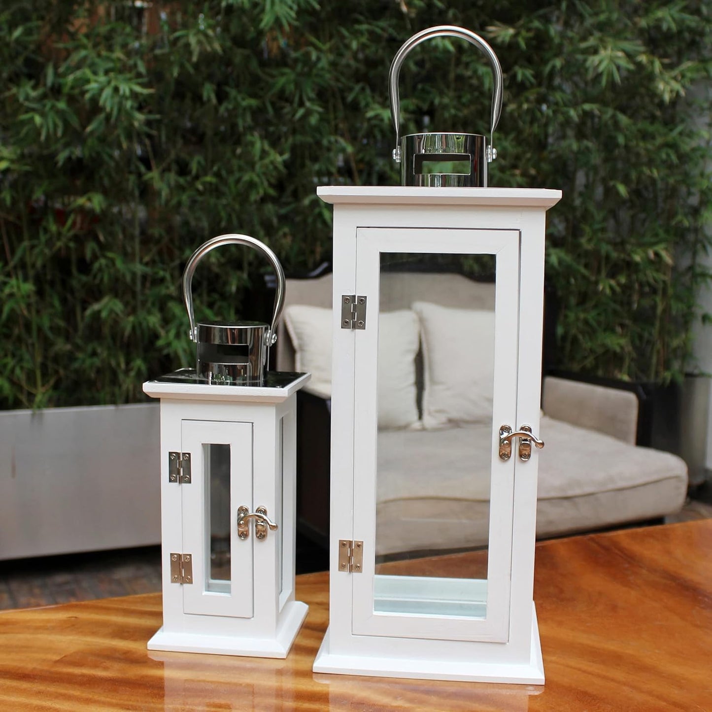 CVHOMEDECO. Decorative Elegant Wood Hurricane Candle Lantern with Stainless Top and Glass Inserts for Home Patio Outdoor Decor. White, Set of 2