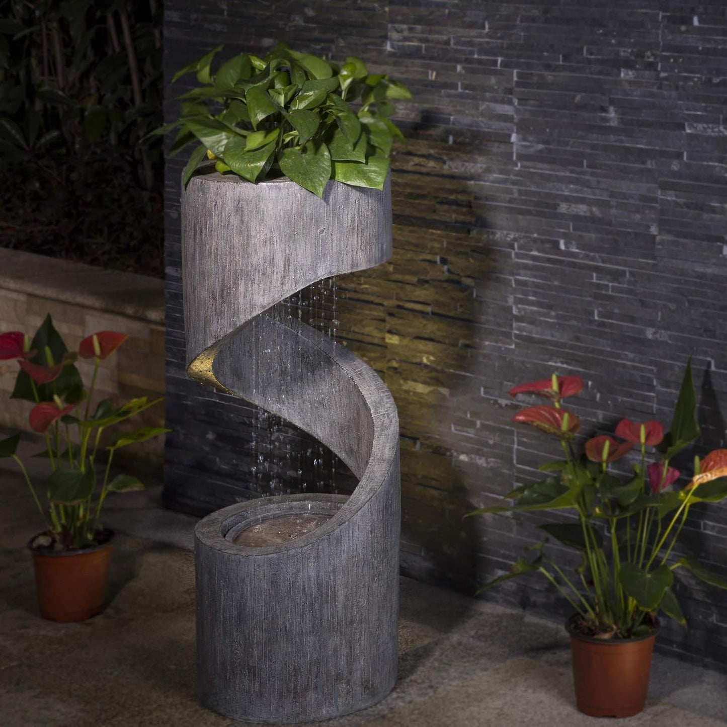Glitzhome Tiered Outdoor Water Fountain with LED Light, Curved Outdoor Fountain Waterfall with Stone Planter, Freestanding Spiral Outdoor Garden Water Fountains, 31.3”H