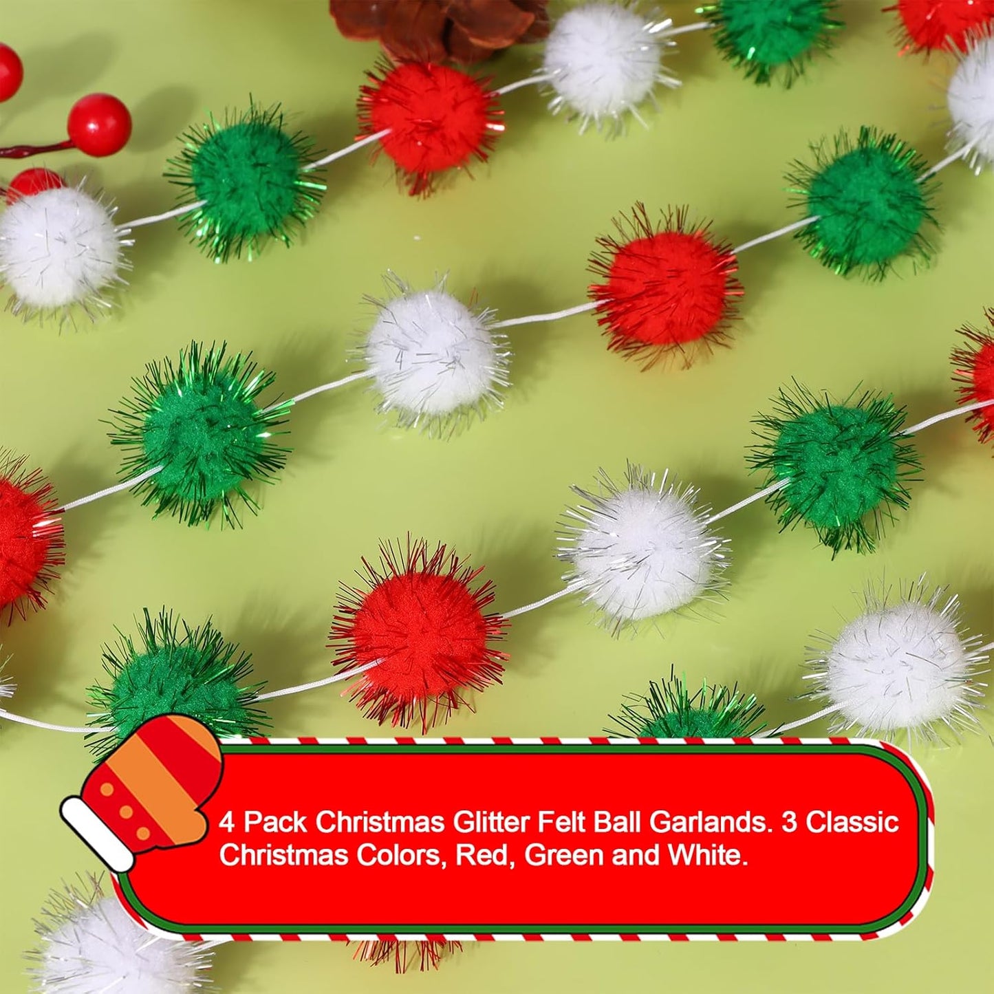 4Pack 120Balls Christmas Glitter Pom Pom Garland Ornaments, 26.5 Feet Felt Ball Glittery Banner, Red White Green Christmas Tree Garland for Xmas Birthday Party Wall Home Decor