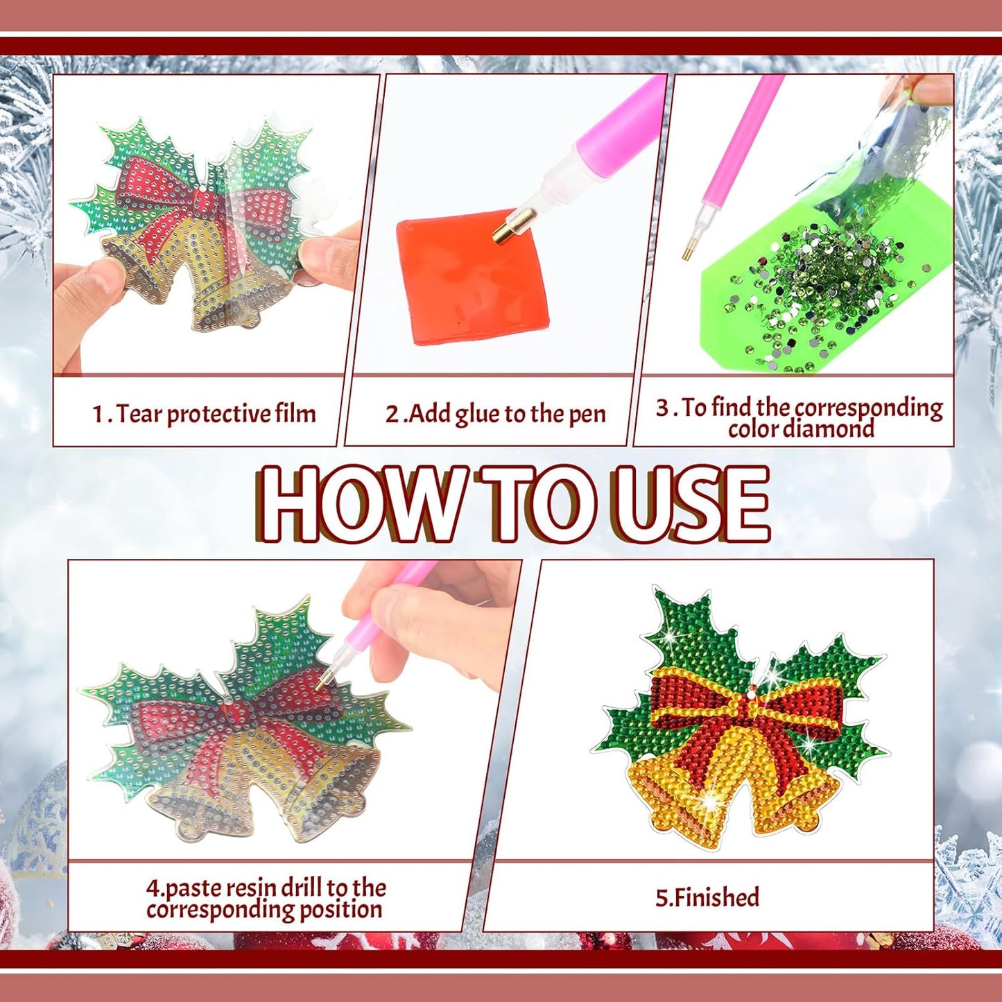 Equsion 14 Pcs Diamond Art Christmas Ornaments Christmas Diamond Painting Keychains Kits 5d DIY Hanging Double Sided Diamond Art Key Ring Painting Key Chain Family Decor Rhinestone Pendant