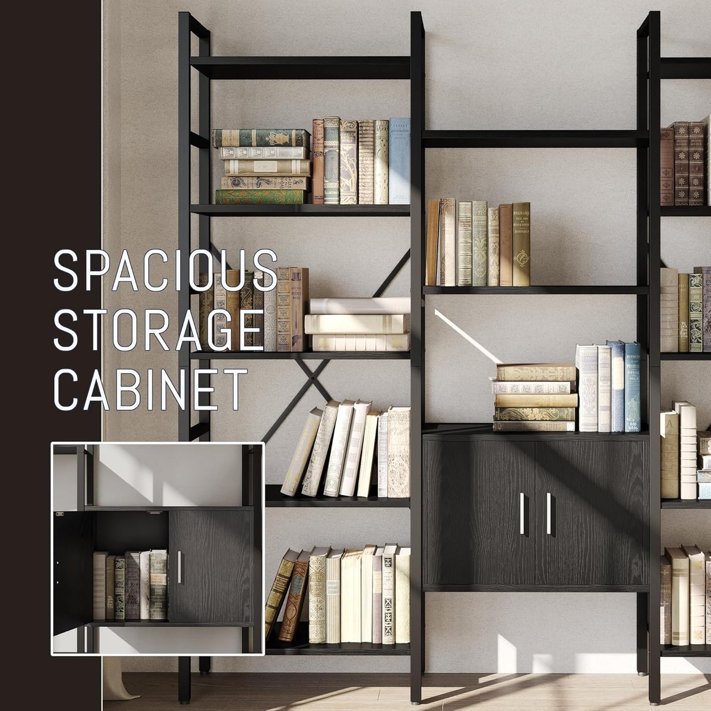 70 x70 Triple 5 Tier Book Shelf, Industrial Large Bookcase with Storage Cabinet, Tall Bookshelf with 14 Open Display Shelves Metal Frame Furniture for Living Room Bedroom Home Office Black