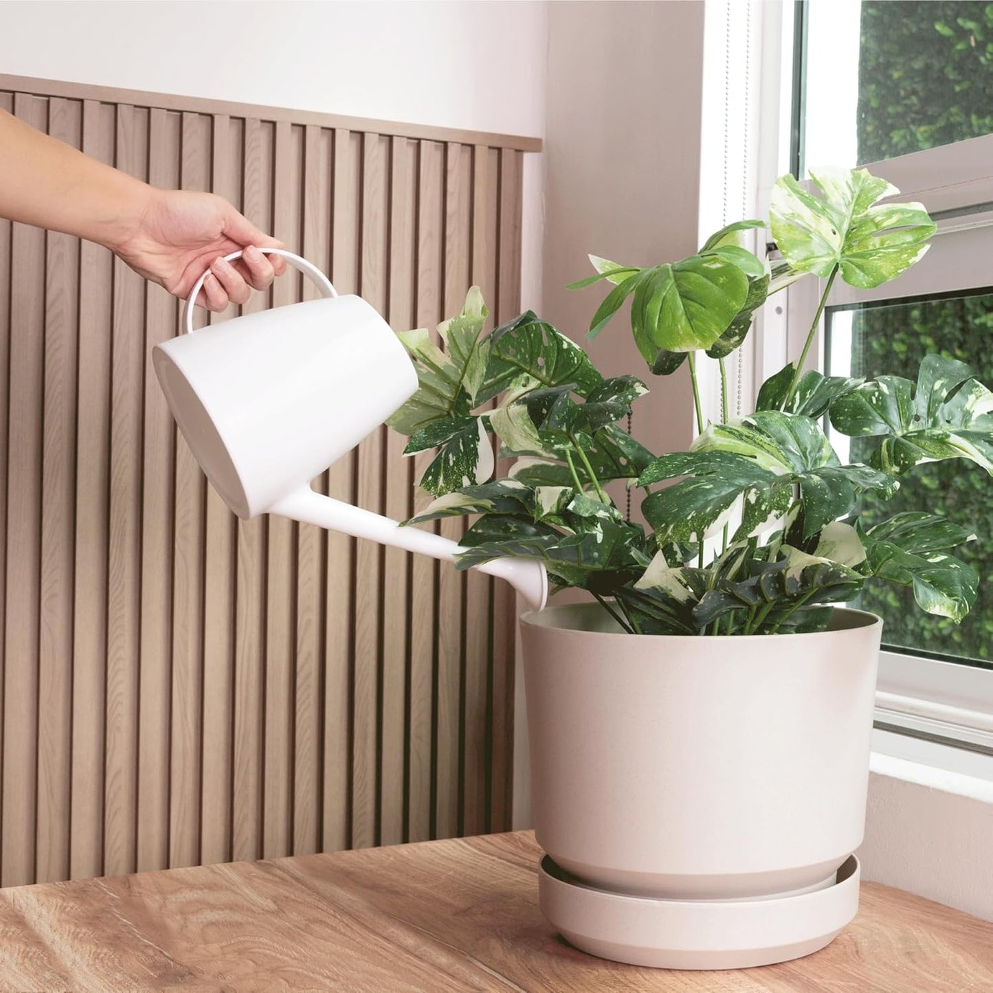 Elly Décor 8 inch Plastic Cylinder Planter Pot with Self-Watering Saucer and Drainage Hole,Lightweight & Extremely Durable, 8"x 8", Ivory