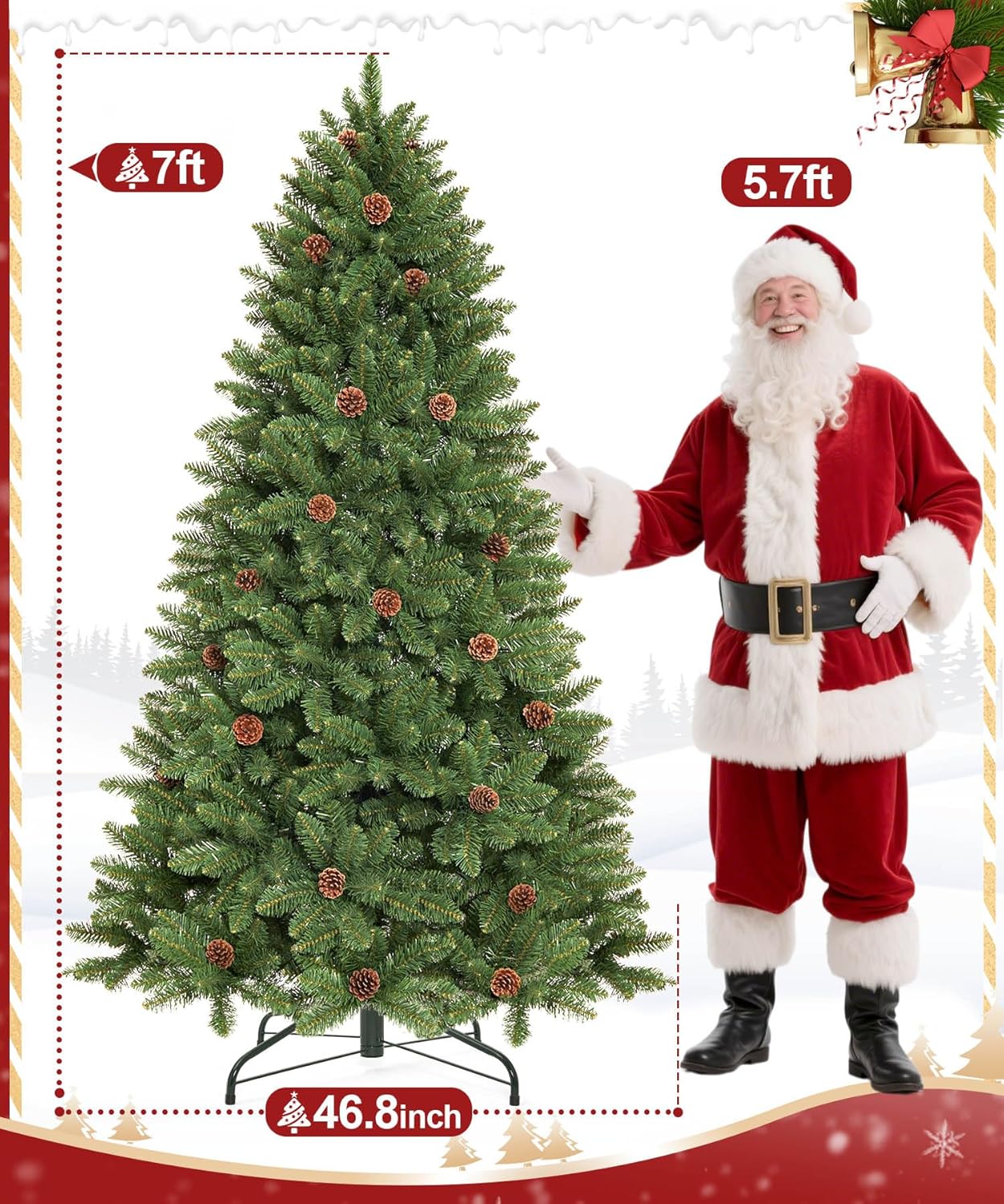 Decoway 7FT Artificial Christmas Tree: Unlit Green Xmas Pine with Pinecones and Metal Stand for Indoor - Holiday Decoration for Porch Living Room Easy Assembly