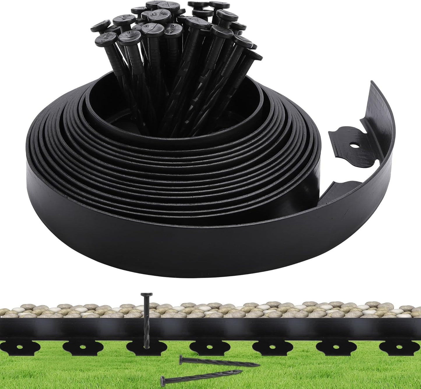 Garden Landscape Edging Border 33 FT with 30 Spikes, 2" Tall Plastic No Dig Garden Edging Roll, Flexible Lawn Edging for Landscaping Flower Beds Yard Pathway
