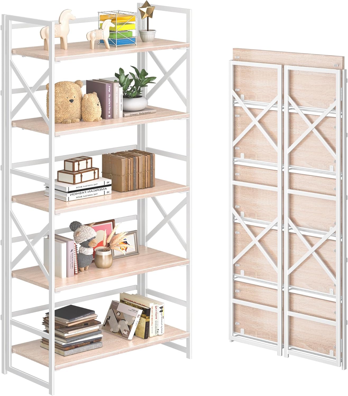 4NM 5 Tiers No Assembly Book Shelves, 51.2" H Folding Bookshelf Bookcase Open Industrial Foldable Shelves for Bedroom, Living Room, Home Office - Natural White