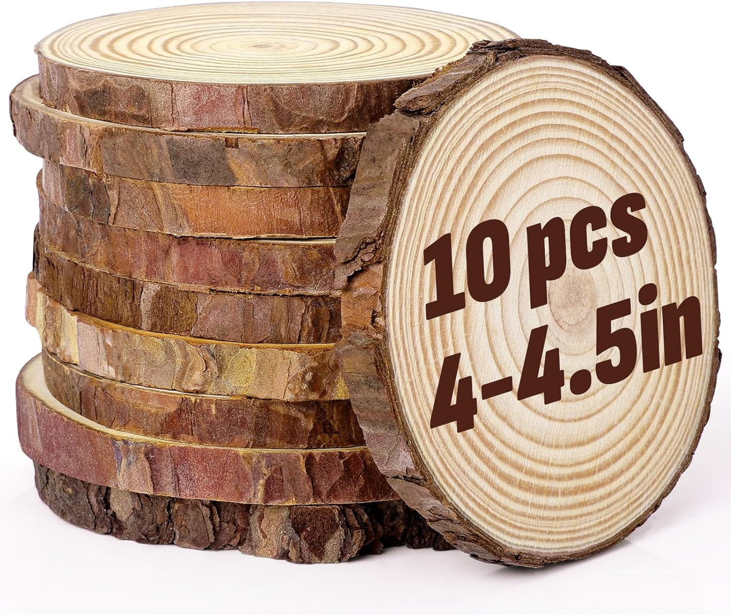 FUMILE Unfinished Natural Wood Slices 4-4.5 Inch, 10 PCS Round Wooden Discs with Tree Bark, Wood Rounds for Crafts Christmas Ornaments, Wood Circles for Rustic Wedding Decoration
