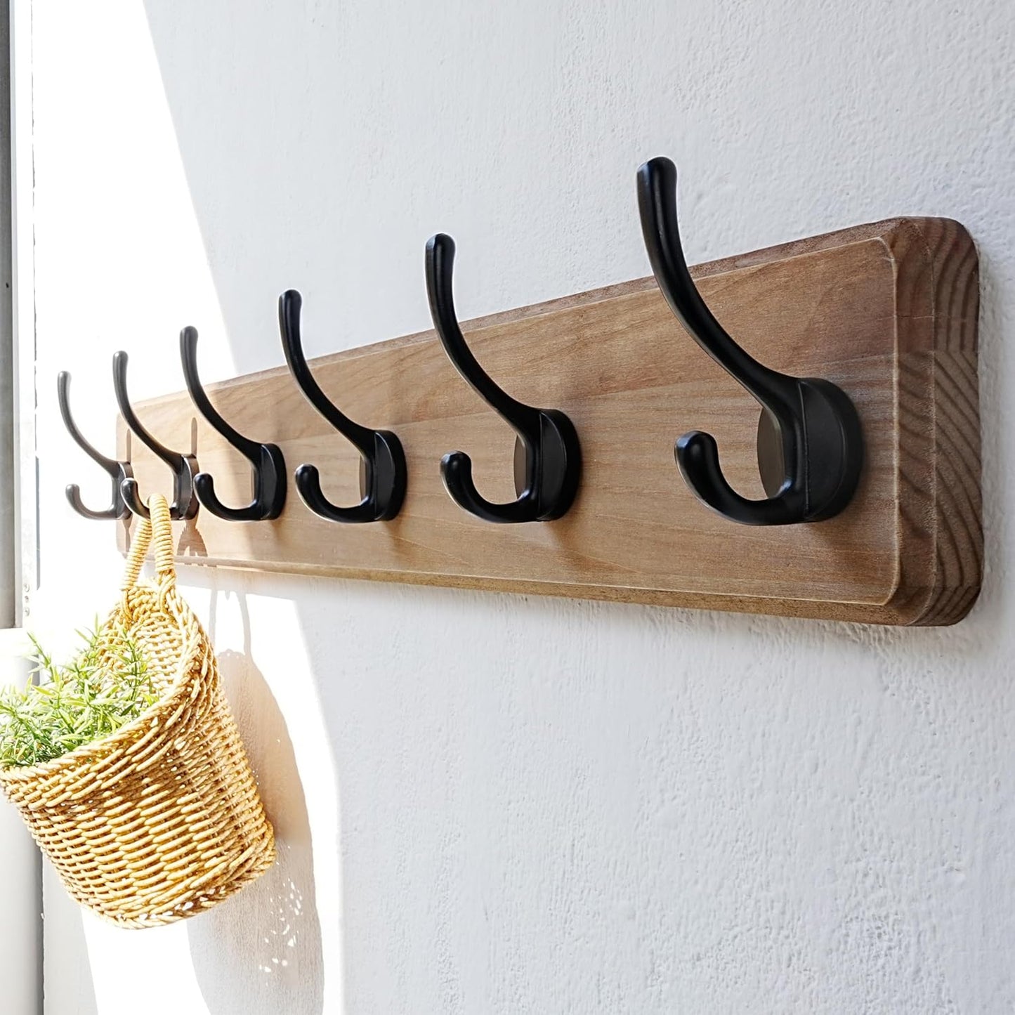 Dseap Wall Mounted Coat Rack: 24" Long, Patented, Heavy-Duty, 6-Double-Hooks Wooden Hanger Rail for Winter Coats, Hat, Jacket, Clothing - Weathered Brown, Pack of 2