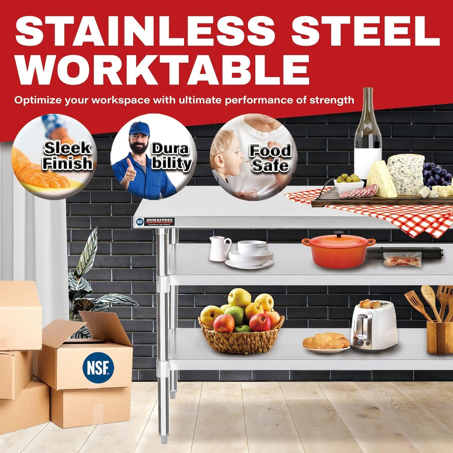 DuraSteel Food Prep Stainless Steel Table - 24 x 60 Inch Commercial Metal Workbench with Adjustable Under Shelf - NSF Certified - for Restaurant, Warehouse, Home, Kitchen, Garage