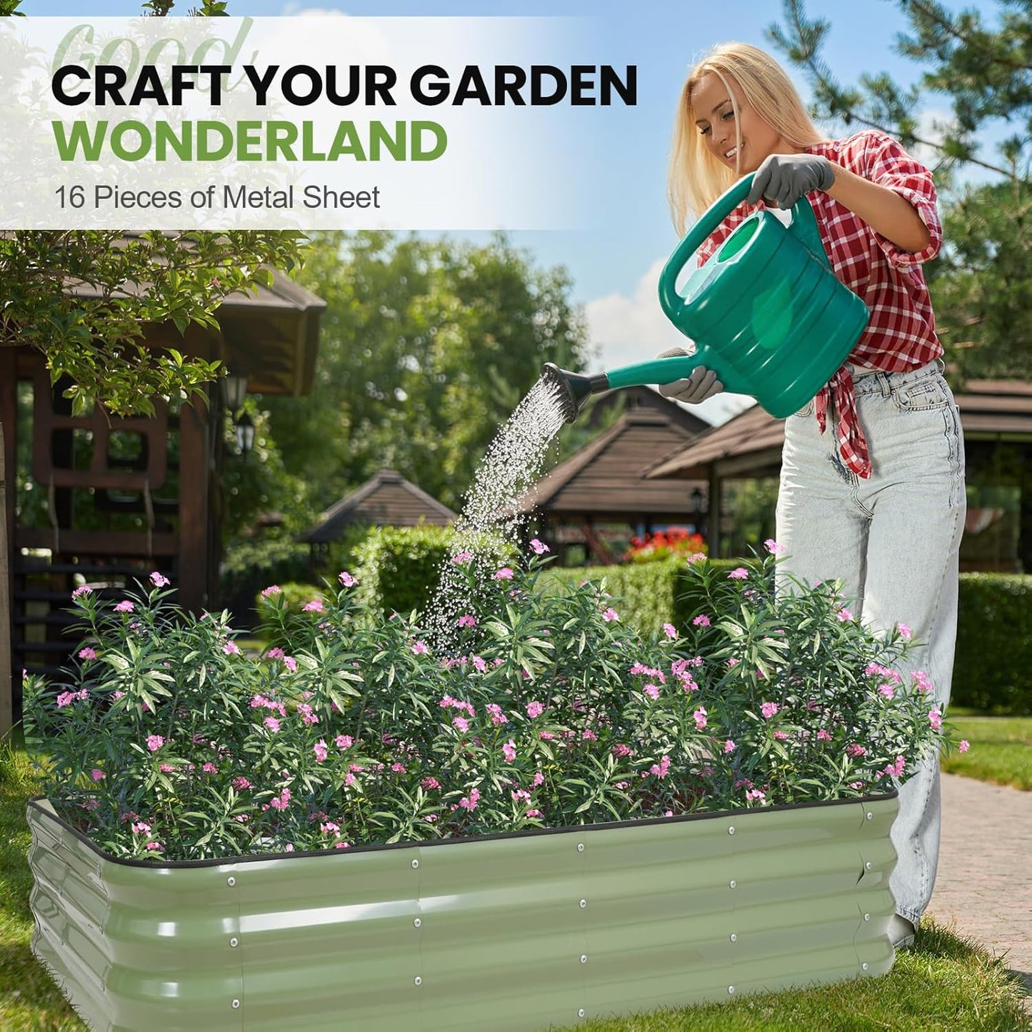 G GOOD GAIN 4-in-1 Adjustable Raised Garden Bed Kit | Galvanized Planter Boxes for Vegetables, Flowers | 12" Tall, Multiple Sizes (5x3x1ft, 4x4x1ft, 6x2x1ft, 7x1x1ft) | Outdoor Metal Raised Bed, Green