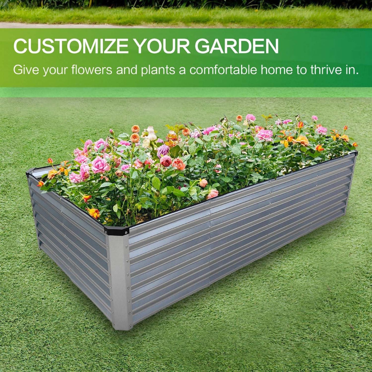 GARDMAX 8x4x2FT Galvanized Raised Garden Bed Kit, Metal Planter Boxes Outdoor with Easy Assembly, Large Garden Bed for Vegetables, Fruits, Flower, Herbs Rectangle Silver