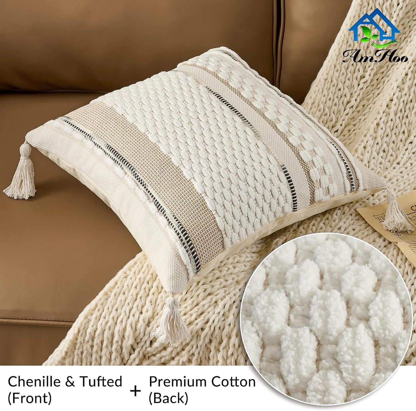 AmHoo Chenille Striped Textured Boho Throw Pillow Covers Aesthetic with Tassels Woven Decorative Pillow Case for Couch Bed Sofa Bedroom Modern Funky 18 x 18-Inch White