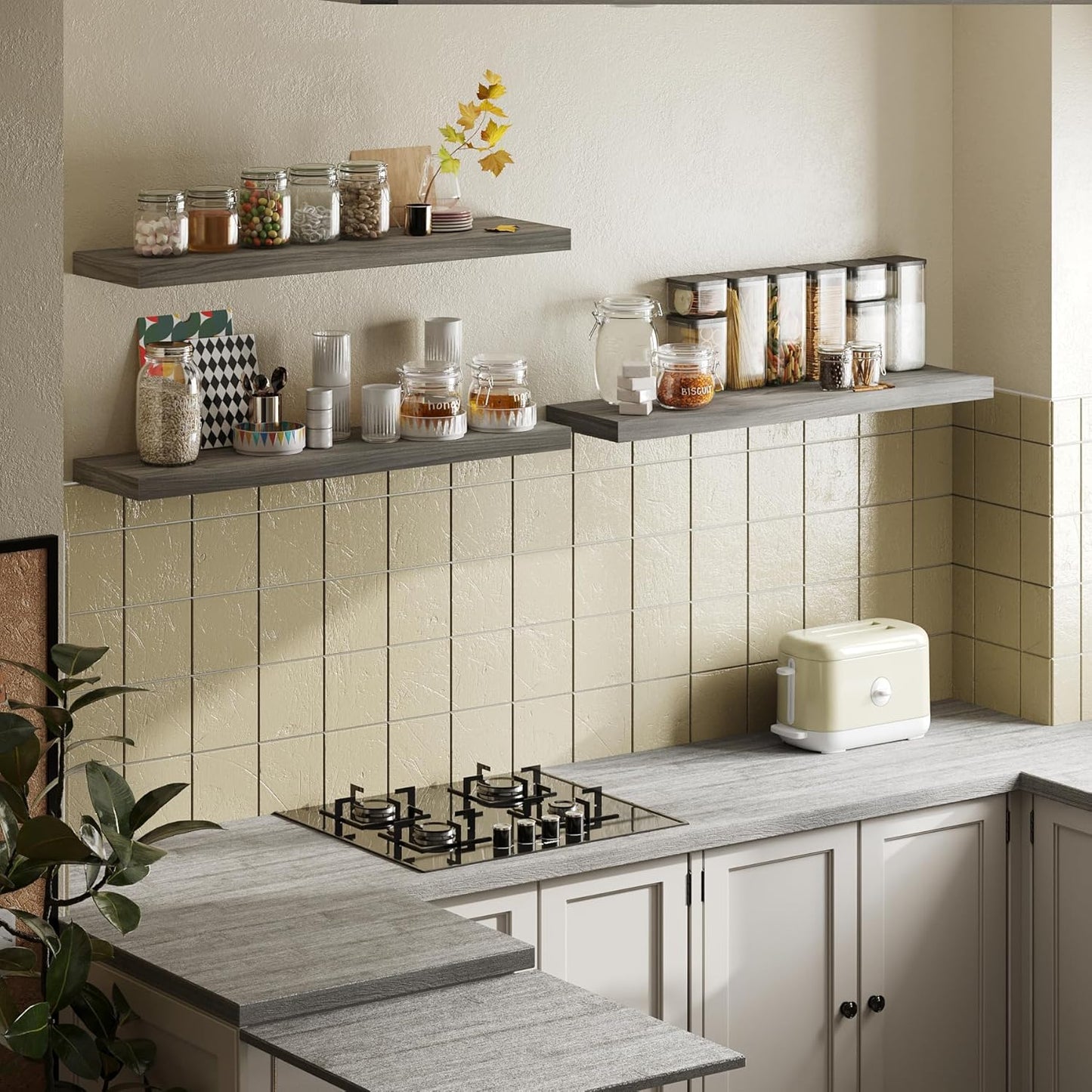 BAMEOS Floating Shelves, Walnut Wall Mounted Wooden Shelves with Invisible Brackets Set of 3, Hanging Wall Shelves Decoration for Bedroom, Bathroom, Living Room and Kitchen