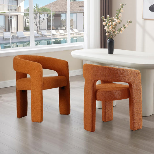 Orange Sherpa Dining Chairs Set of 2, Modern Barrel Dining Room Chairs Upholstered Faux Fur Accent Chair with Arms and Round Back for Living Room Kitchen Armchair No Assembly Needed
