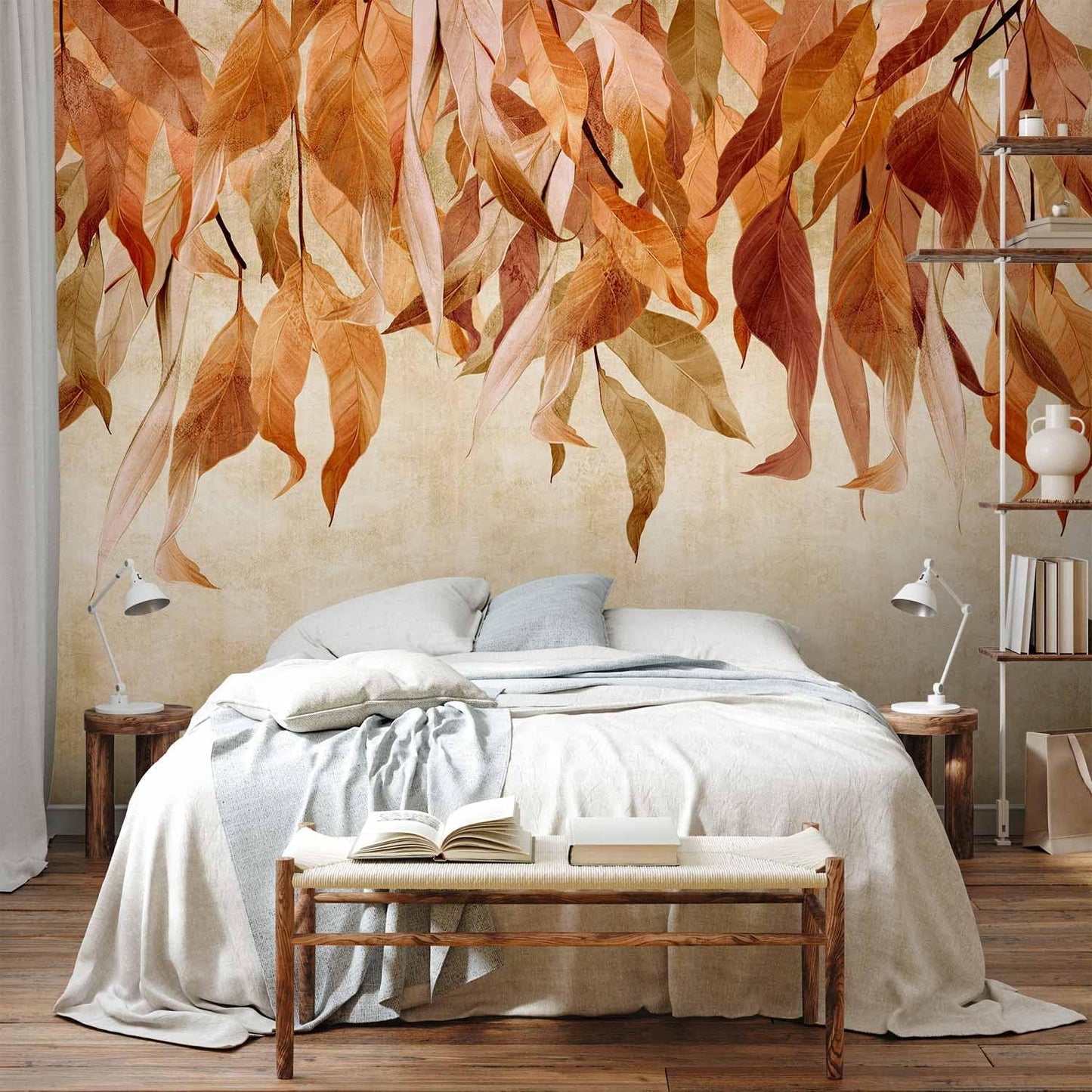 artgeist Wall Mural Hanging Leaves 96x69 in - Peel and Stick Self-Adhesive Wallpaper Removable Large Sticker Foil Wall Decor Print Picture Design Nature Botanical Concrete Orange b-C-10146-a-c