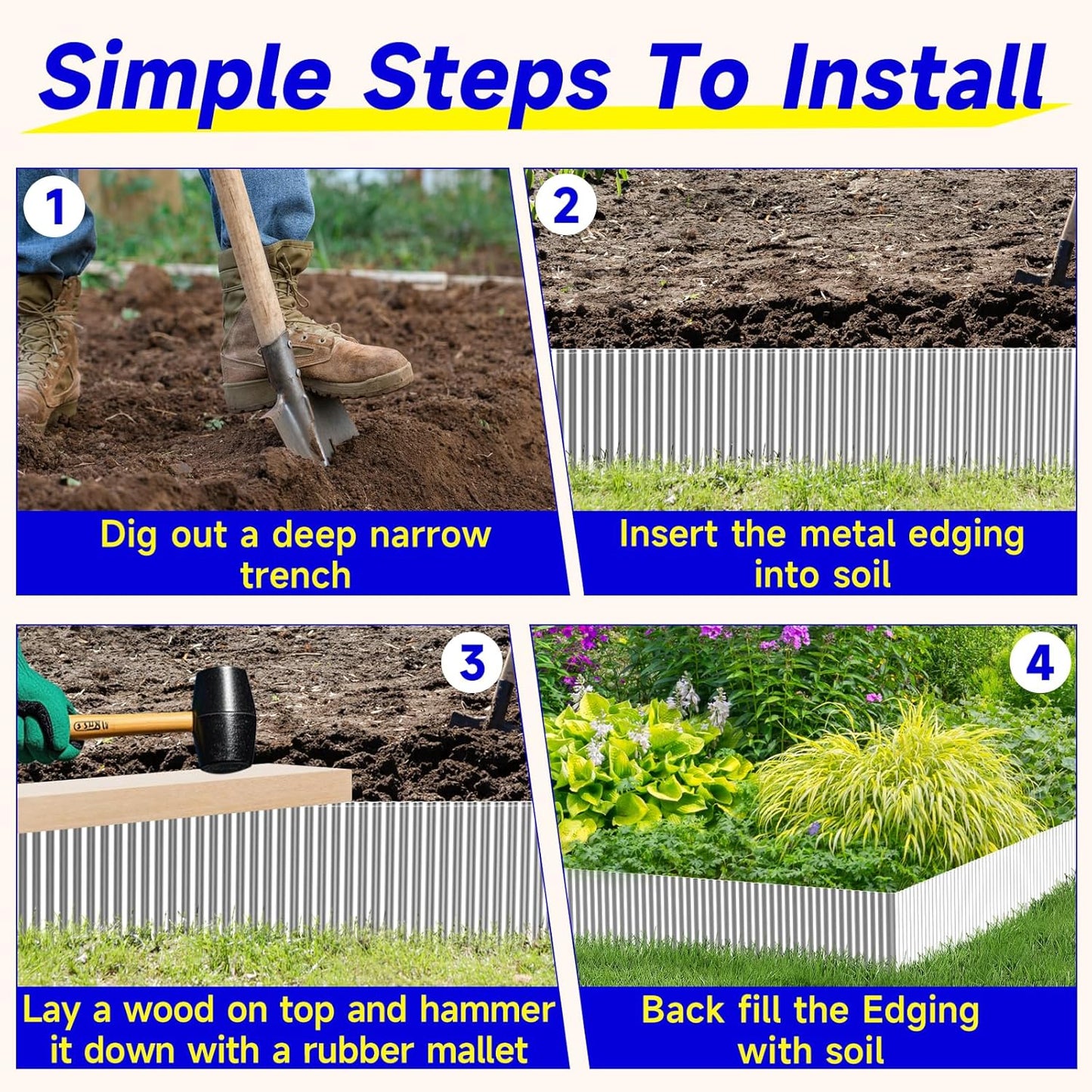 Corrugated Garden Edging,12"×20Ft Galvanized Steel Landscape Edging & Lawn Edging Border,Metal Garden Border for Flower Beds,Garden,Lawn,Raised Beds & Tree Surrounds(Silver)