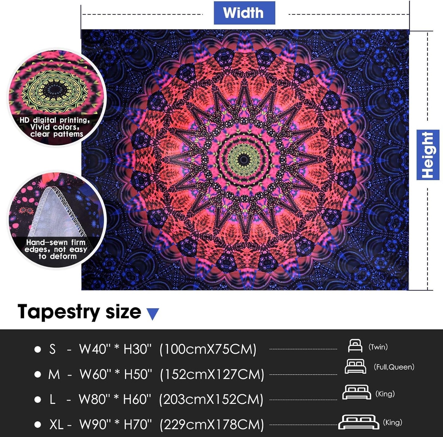 ADDWel Blacklight Mandala Boho Tapestry Glow In The Dark, Black Light Bohemian Hippie Poster Wall Hanging for Bedroom Aesthetic Wall and Room Decor (90" x 70", Mandala)