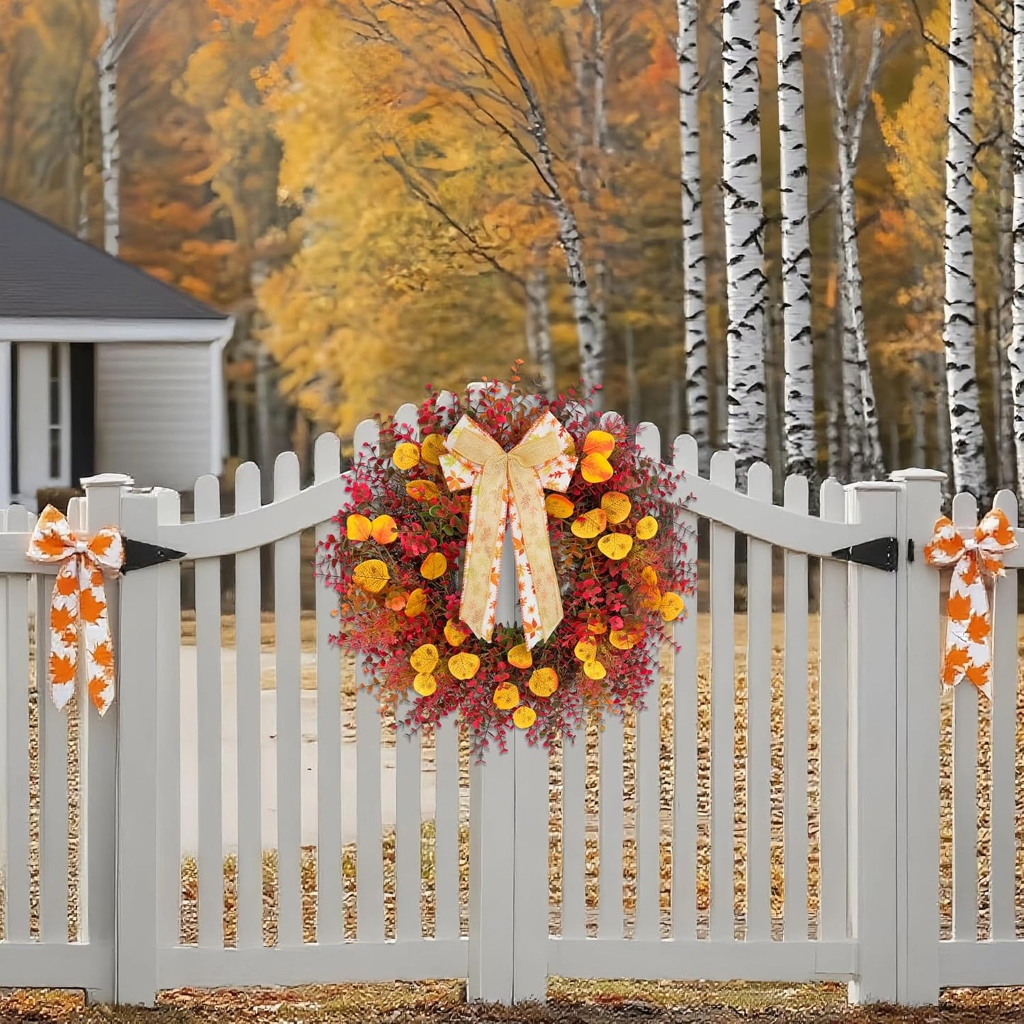 CYANBLOOM Fall Front Door Wreath: 24 Inch Large Burgundy Boxwood Eucalyptus Wreaths with Maple Bow for Rustic Farmhouse Decor - Weatherproof Outdoor Indoor All Season - Thanksgiving Halloween Decor