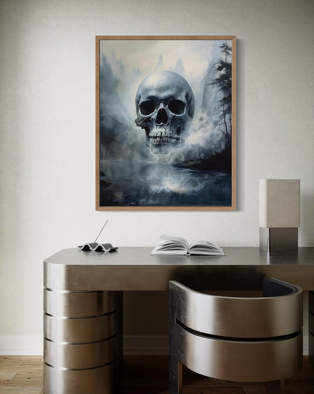Foggy Skull Poster Art Print, Halloween Scary Vintage Wall Art Academia Spooky Painting Decoration for Horror Prints, Gothic Posters Bedroom Decor 89 (Foggy Skull, 8 x 10 inches, Wood Frame)