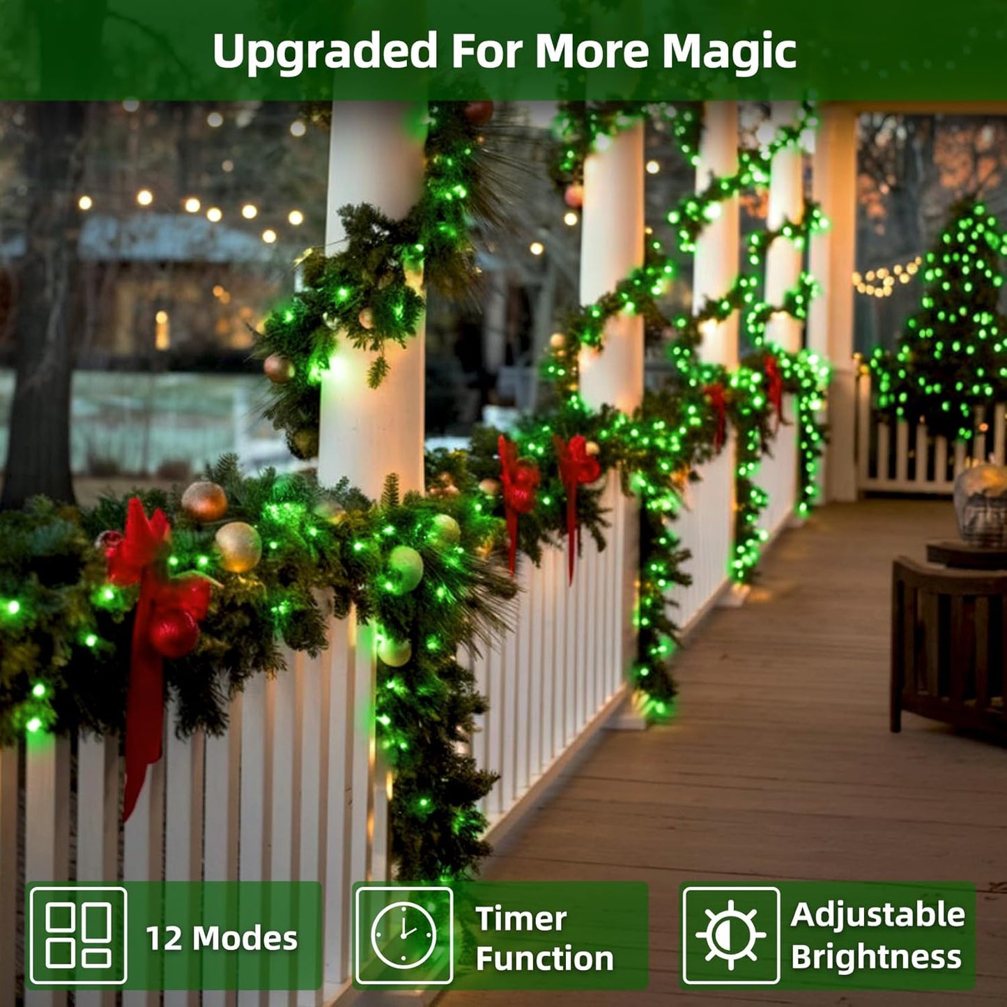 300LED Christmas Lights Outdoor Indoor Use, 12 Lighting Modes 75ft Christmas Tree Lights with Timer, Dimmable Plug in Green LED StringLights Waterproof for Yard Tree Wedding Party Holiday Green
