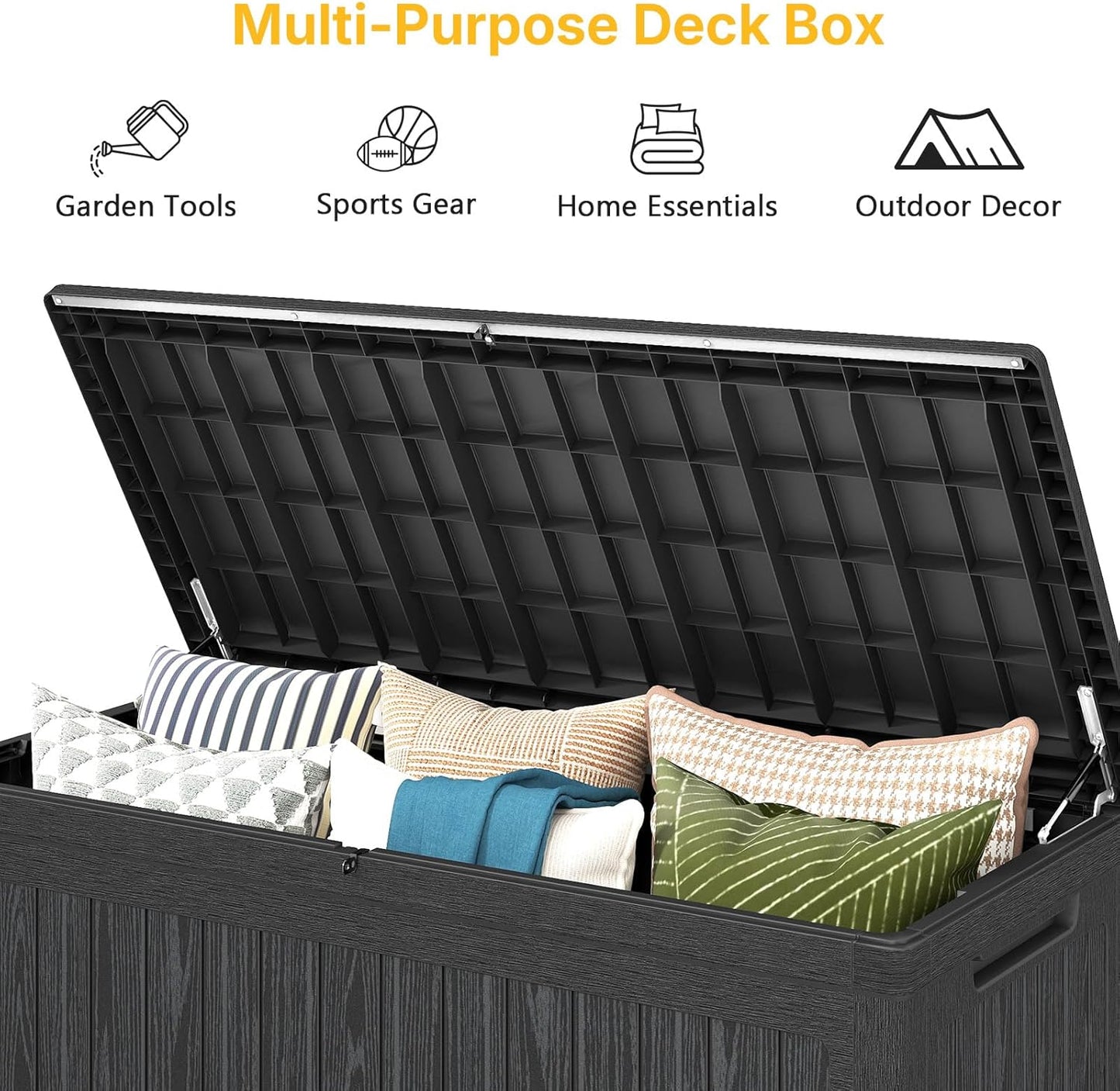 230 Gallon Deck Box Outdoor Waterproof, Large Storage Box Lockable, Black Deck Storage Bench, 440 lbs Load Capacity Outdoor Storage Bin for Garden, Patio, Pool, Boat