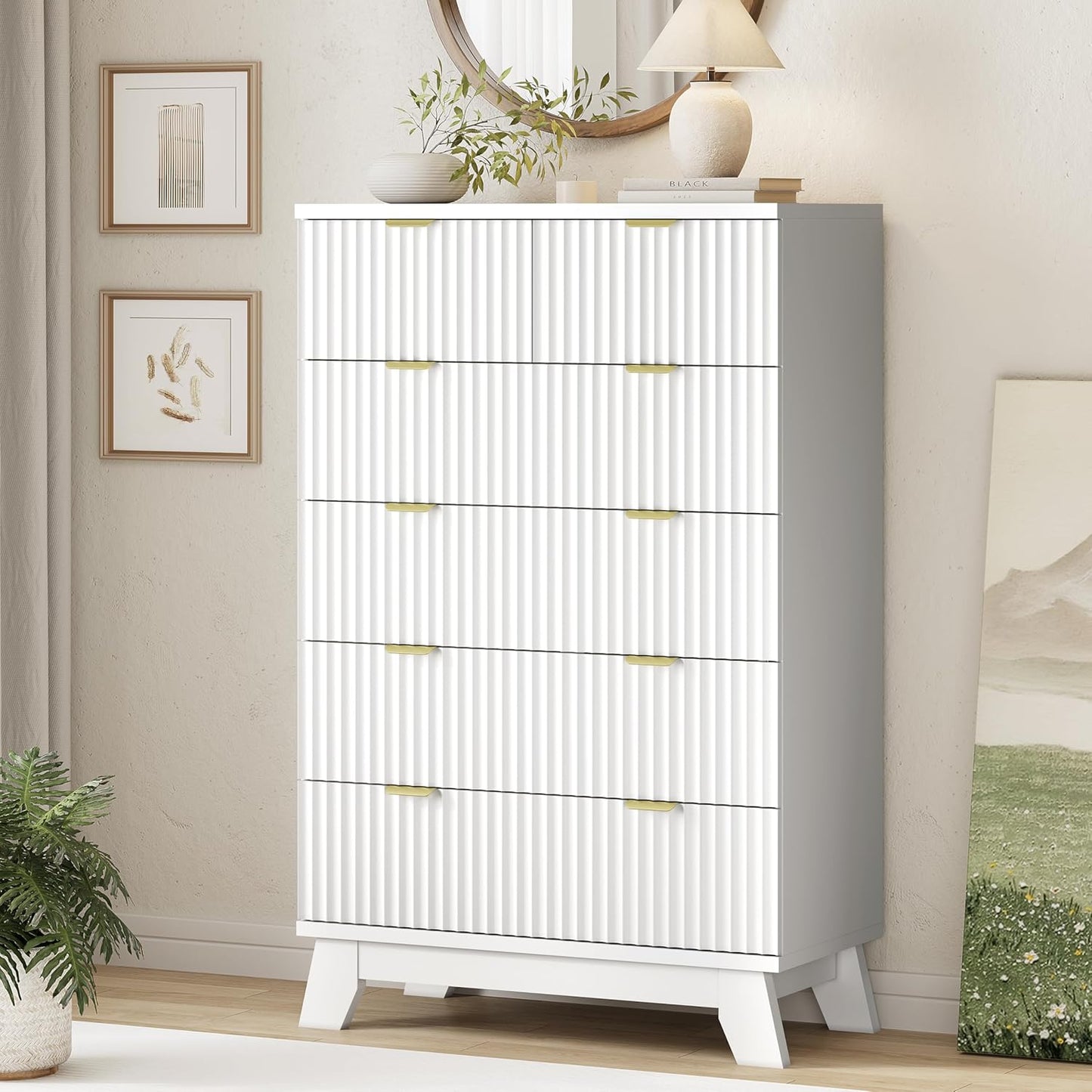 Fluted Dresser for Bedroom with 6 Drawers, 46" Tall Modern Chest of Drawers with Metal Handle, Wooden Dresser TV Stand, Wood Closet Clothes Storage Organizer for Living Room, Hallway, White