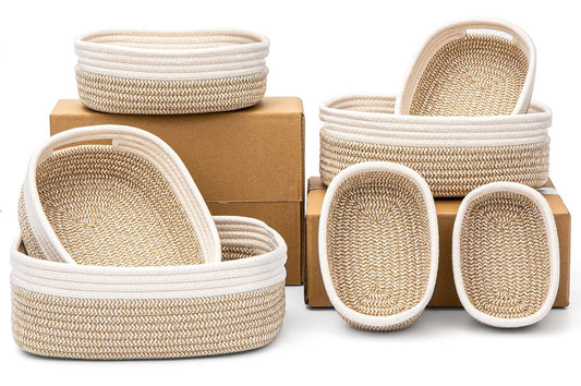 7 Piece Cotton Rope Woven Basket Set - Small Basket for Baby Nursery, Pets, Montessori, Dog & Cat Toy Boxes, Bathroom Organization Bins (White/Brown)