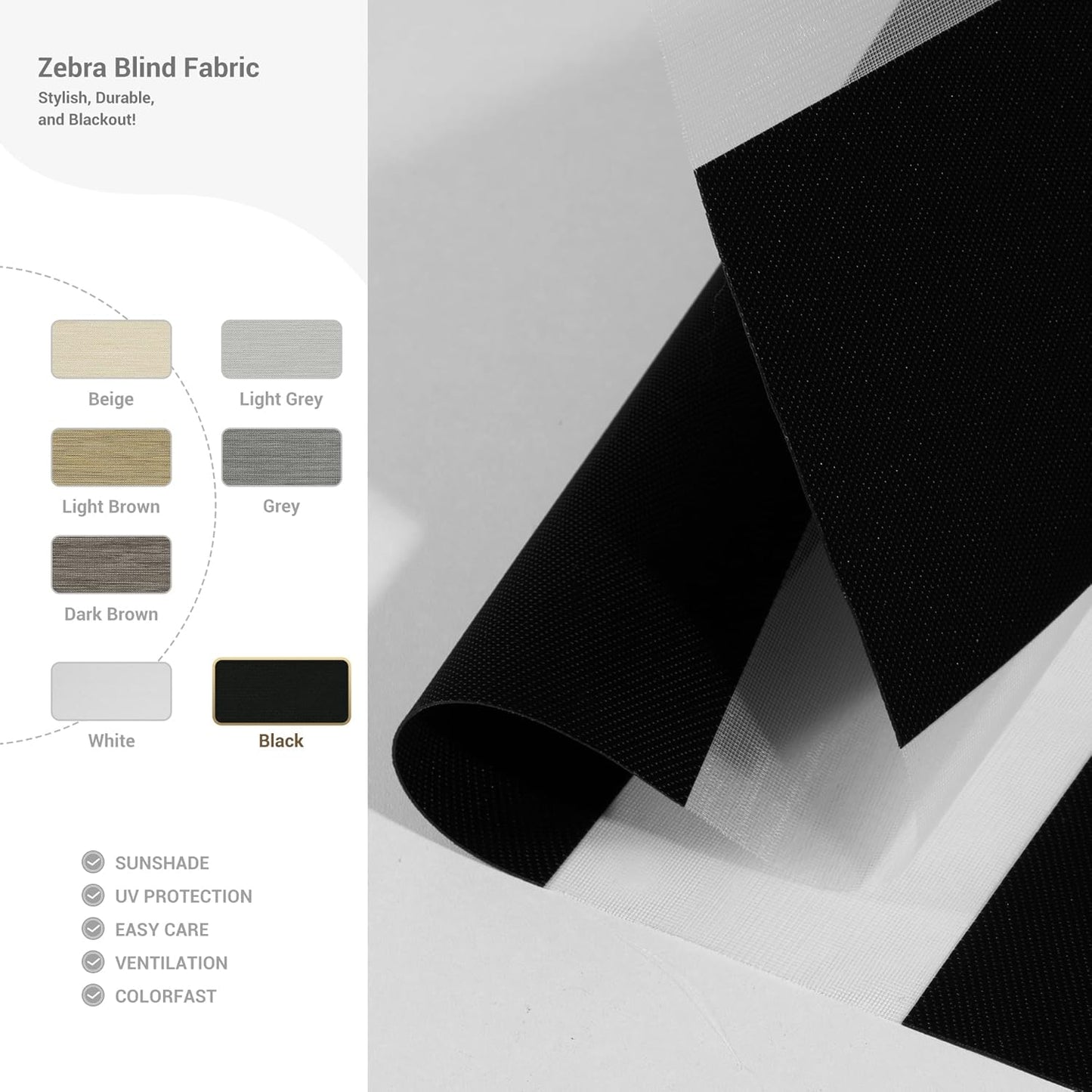 Cordless Zebra Blinds for Windows, Blackout Interior Blinds,Easy to Install,UV Protection,for Offices and Home,Custom Roller Shades, Solid Black, 84" W x 56" H