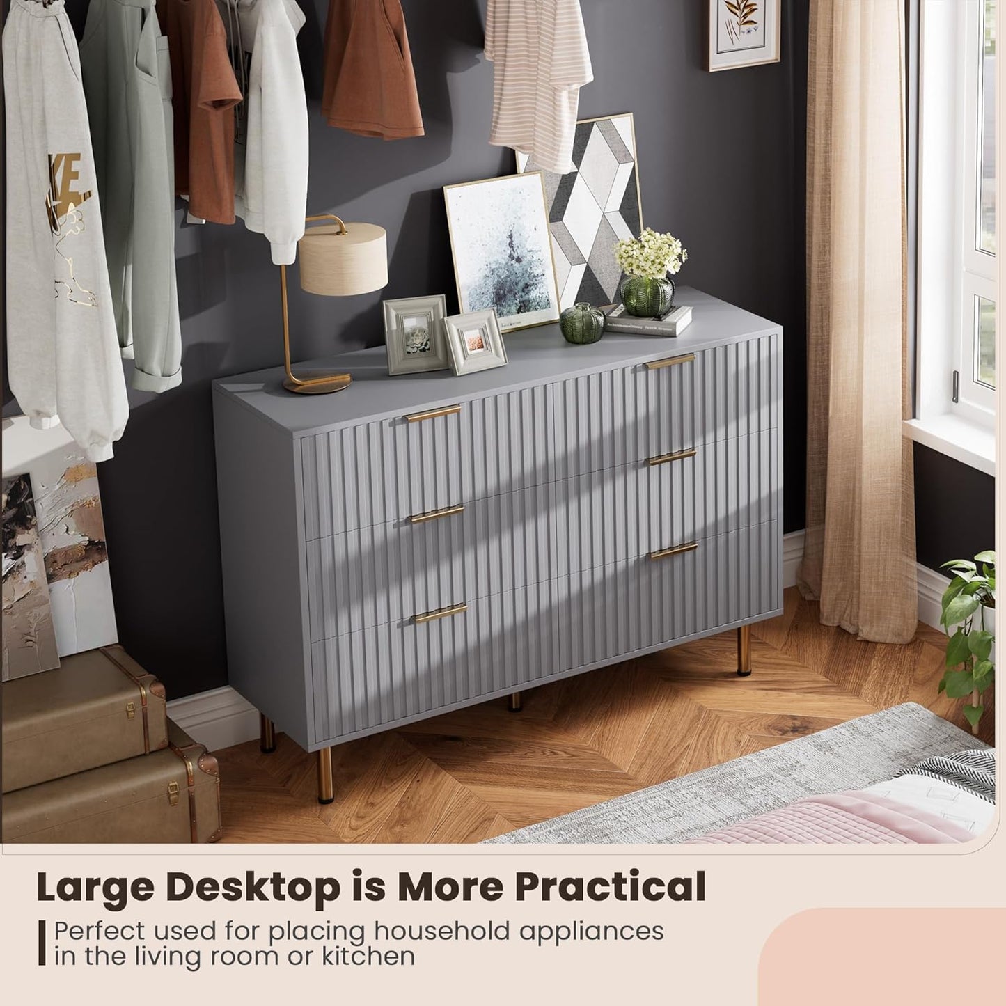 6 Drawer Dresser for Bedroom, Fluted 47.2" Wide Modern Chest of Drawers with Deep Drawers, Long Large Double Dresser TV Stand, Wooden Dresser Organizer for Living Room, Hallway, Kids Room, Grey