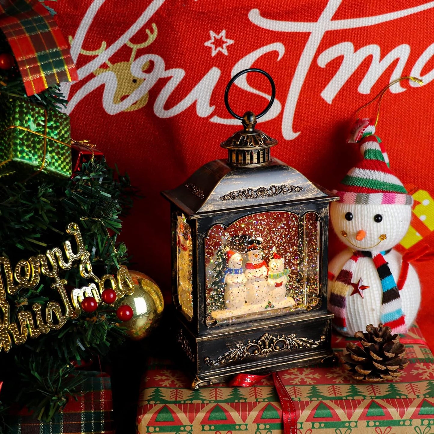 GenSwin Christmas Snowman Snow Globe Lantern Battery Operated Water Swirling Glitter with 6H Timer, Musical LED Lighted Scene for Christmas Home Decoration Gift