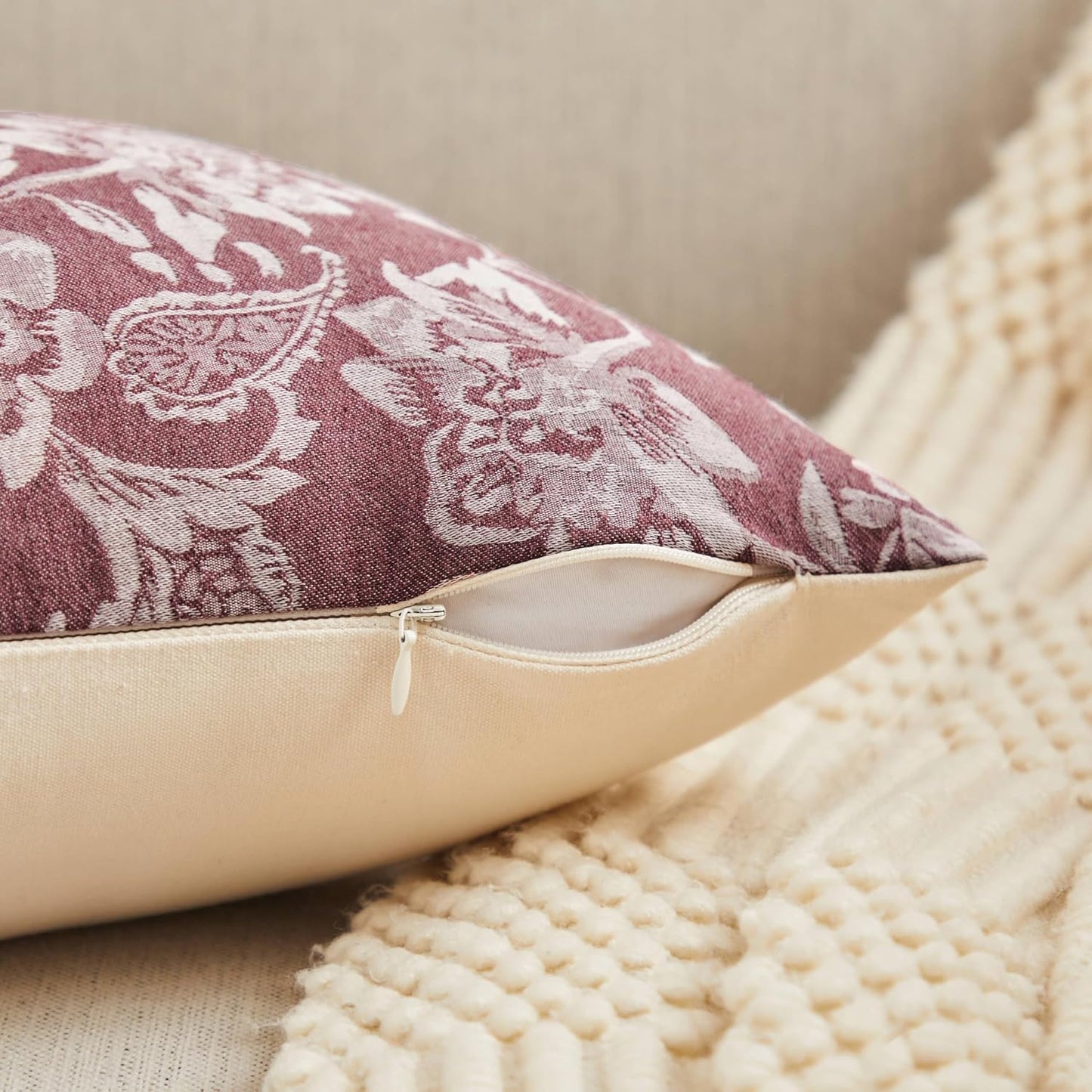 Floral Jacquard Throw Pillow Covers Set of 2, Background/Burgundy 16x16 Inch, Farmhouse Decorative Cotton Burgundy Cushion Covers for Sofa Bed Living Room Home Decor