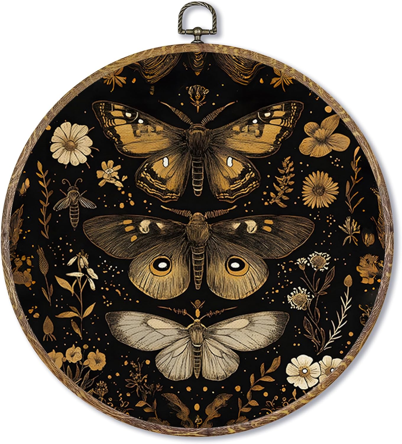 Fewgb Black Gothic Moth Round Wall Art Decor Framed for Gallery Bedroom Living Room Bathroom, Dark Witchy Butterfly Flower Canvas Wall Art Prints Picture, Moody Floral Hanging Room Decor Artwork 10x10