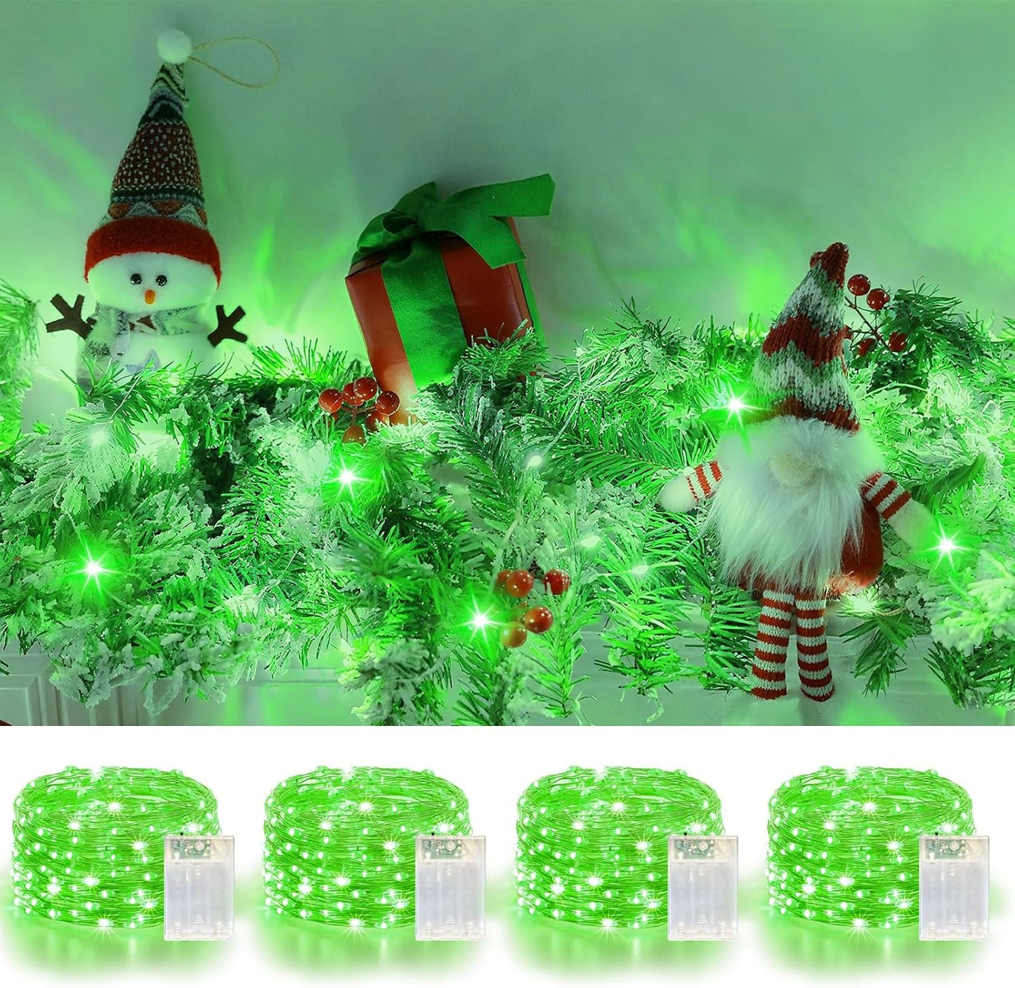 4 Pack 60LED Christmas Fairy Lights Battery Operated - 20FT Twinkle Lights with 2 Lighting Modes Indoor Outdoor, Waterproof Led Fairy String Lights for Bedroom, Classroom, Dorm, DIY Decor, Green