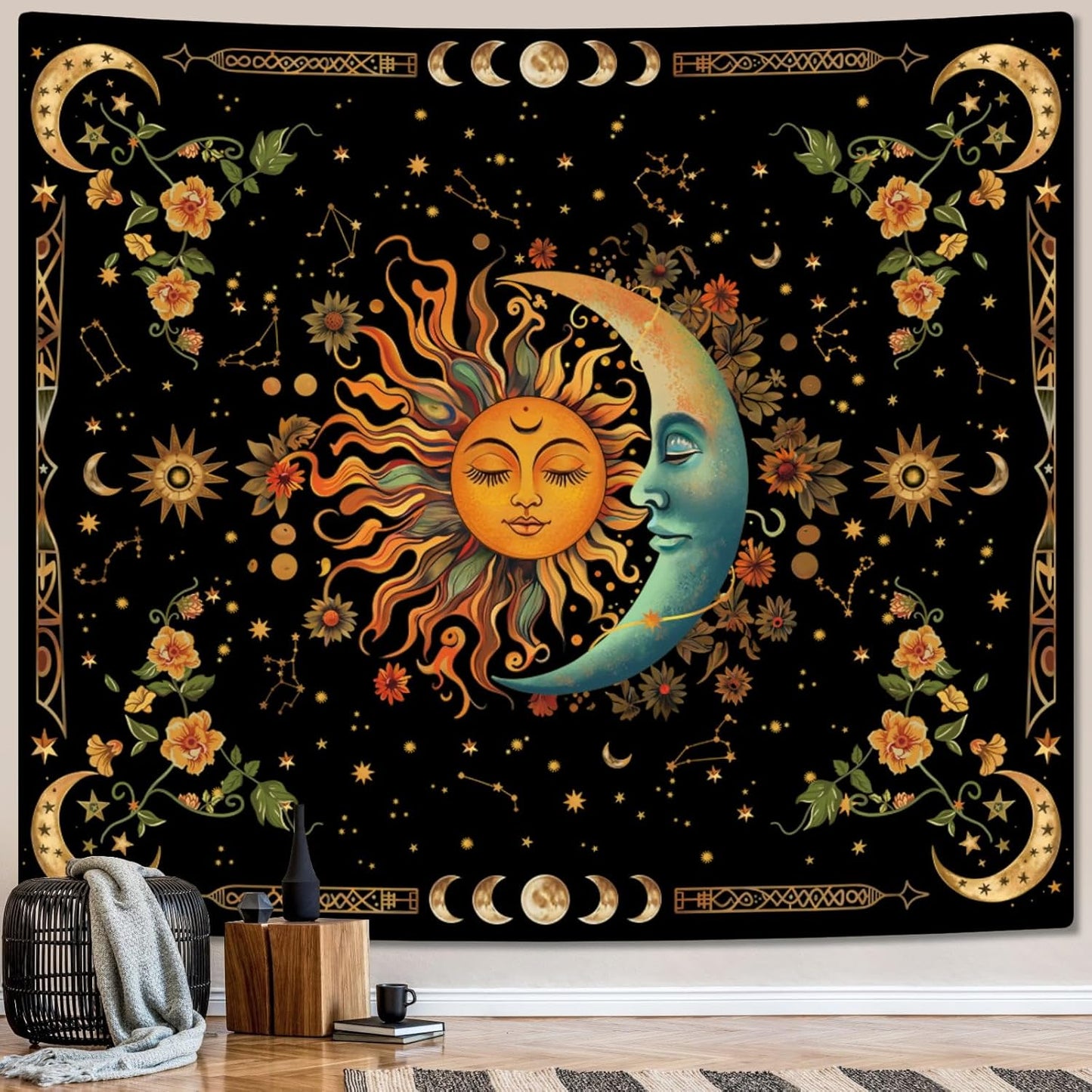 ARTCREATOR Sun and Moon Tapestry Astrology Space Wall Hanging Boho Hippie Floral Plant Tapestries Aesthetic Vintage Mandala Flower Decor for Living Room Bedroom (29" x 37")