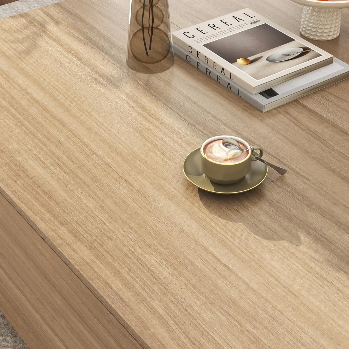 43” Square Coffee Table with Storage, 43" D x 43" W x 17" H Modern Large Square Center Table with 2 Drawers, Wood Coffee Table for Living Room, Light Brown,Bedroom,Light Brown