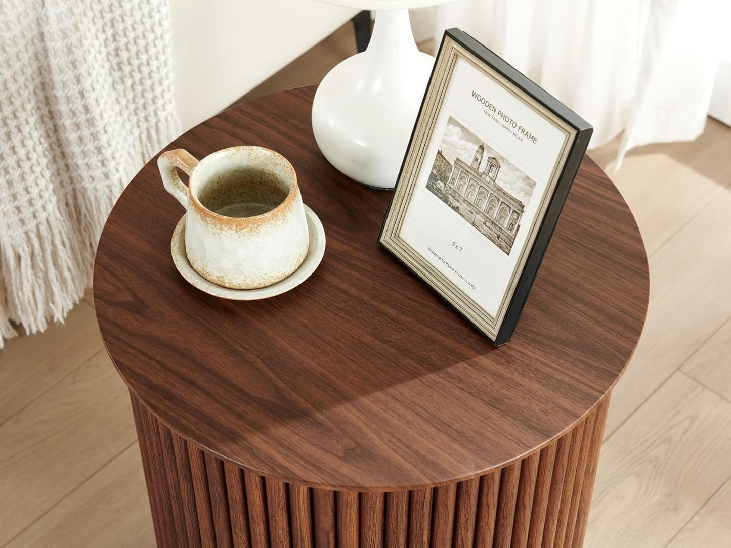 AVZEAR Fluted Round Side Table Small Mid Century End Table, 17.7" Fluted Nightstands Modern Circle Bedside Tables, Wood Night Stand for Small Spaces, Living Room, Bedroom (Rustic Walnut)