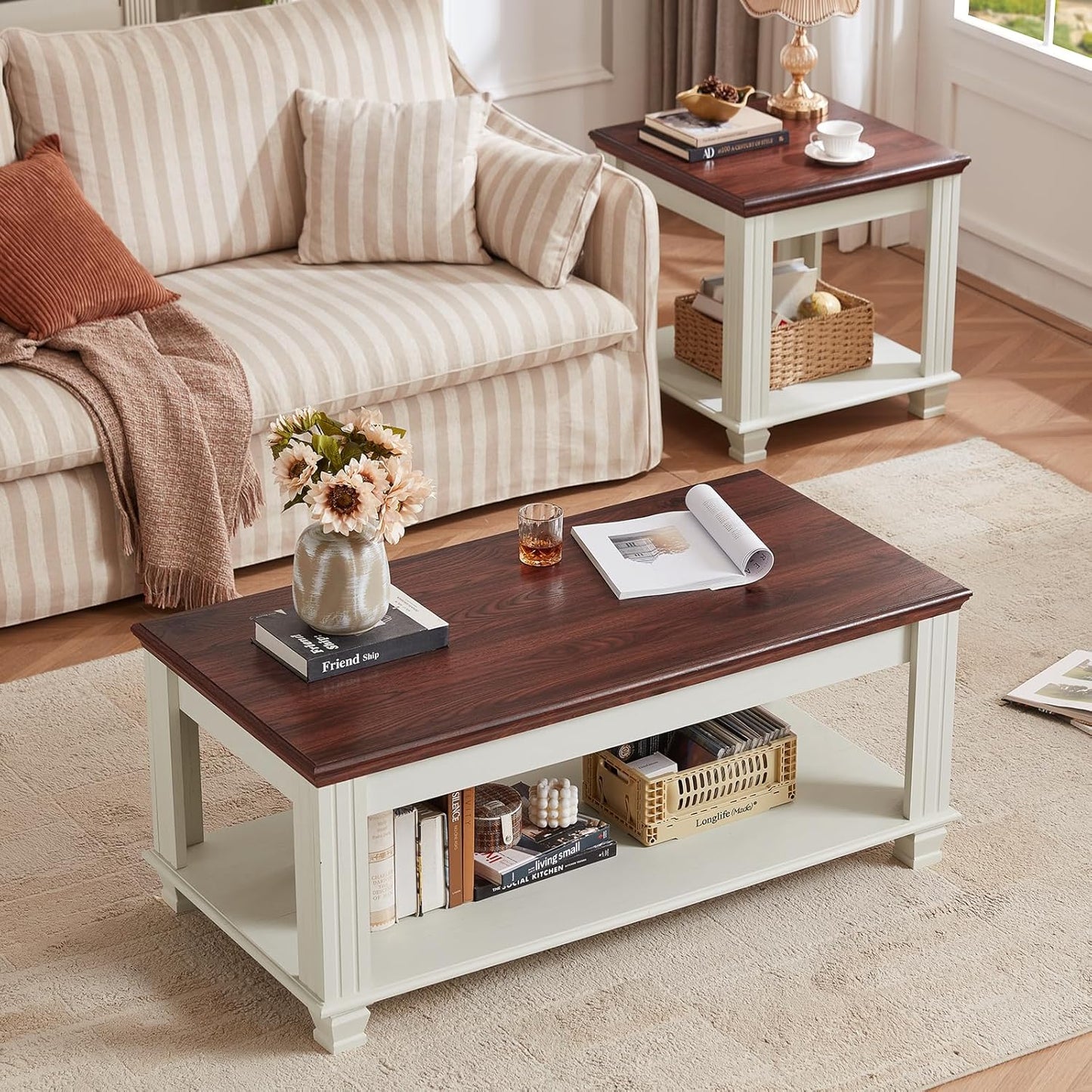 Farmhouse Coffee Tables for Living Room,Square Tea Table with Open Storage Shelf,Large Coffee Table,Rustic Wooden Center Table,White