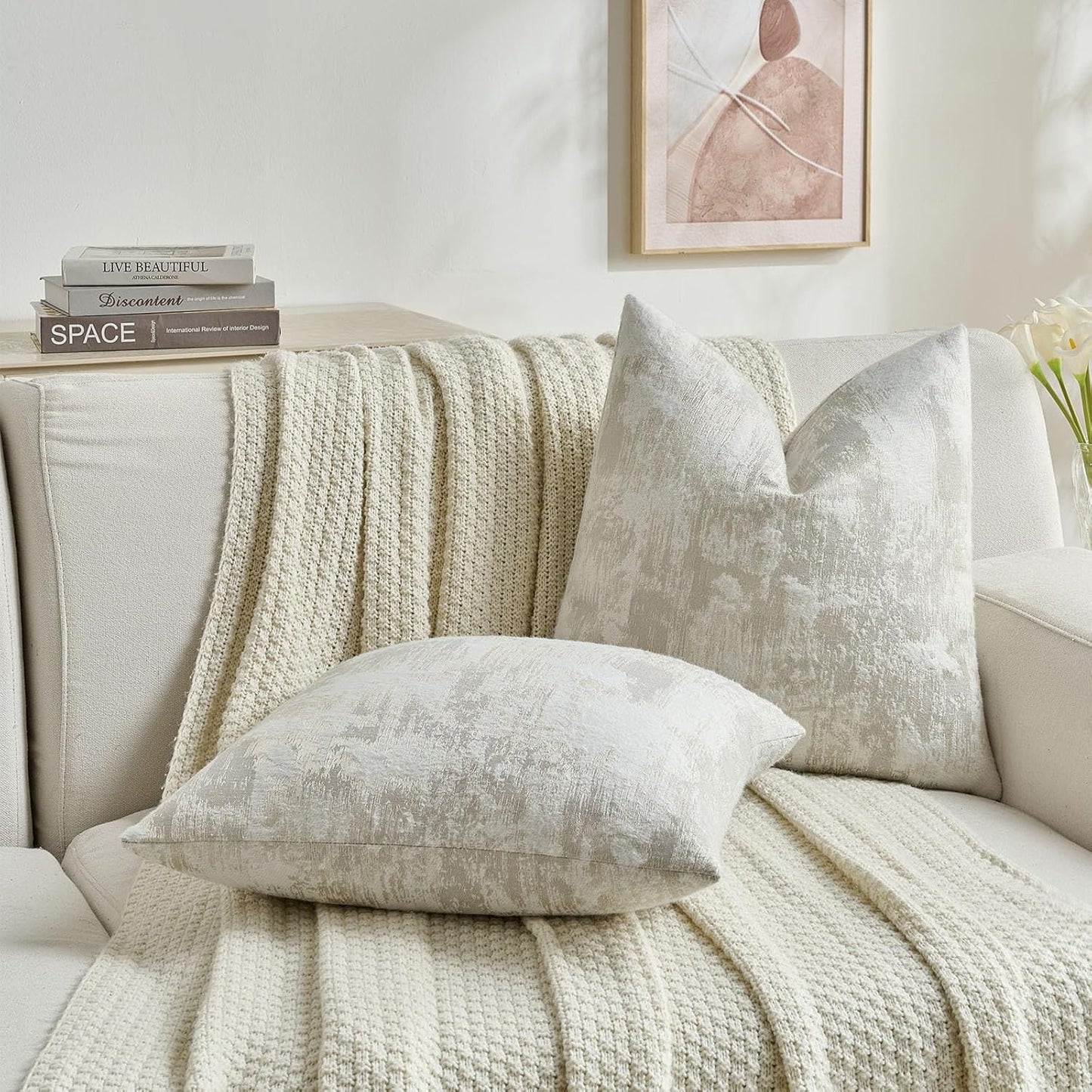 FUTEI Beige White Decorative Throw Pillow Covers 12x20 Inch Set of 2,Soft Faux Cashmere Jacquard - Textured & Cozy Pillow Case,Modern Home Decor for Couch Bed Living Room