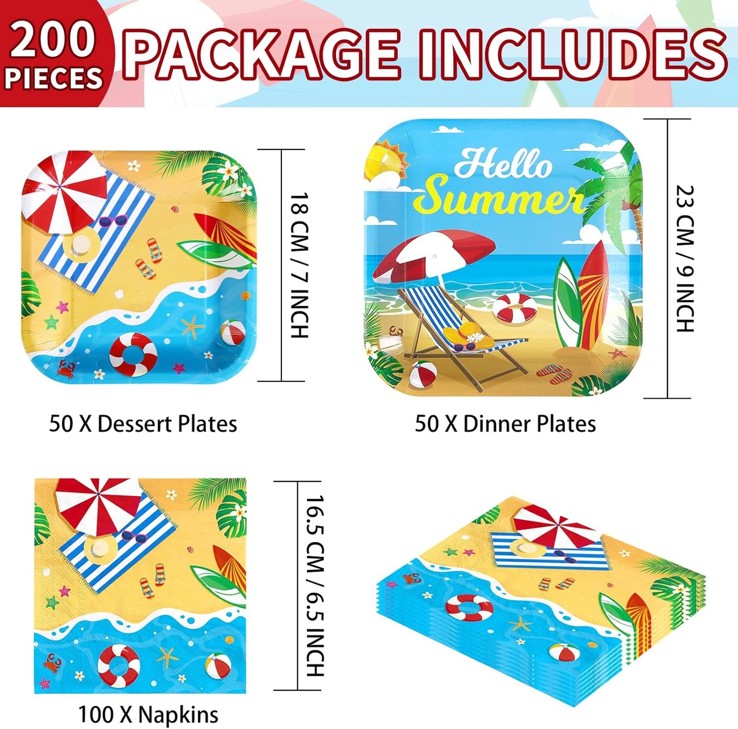 Grencian 200Pcs Beach Party Supplies Hello Summer Party Plates and Napkins Disposable Summer Pool Paper Tableware Set for Hawaiian Beach Pool Birthday Baby Showe Decorations, Serves 50
