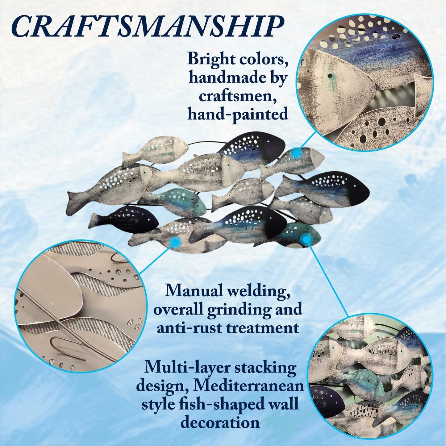 FMXYMC Coastal Ocean Metal 3D Fish Wall Sculpture, 50" x 20", Hand Painted Hanging Decoration for Living Room/Bedroom/Dining Room