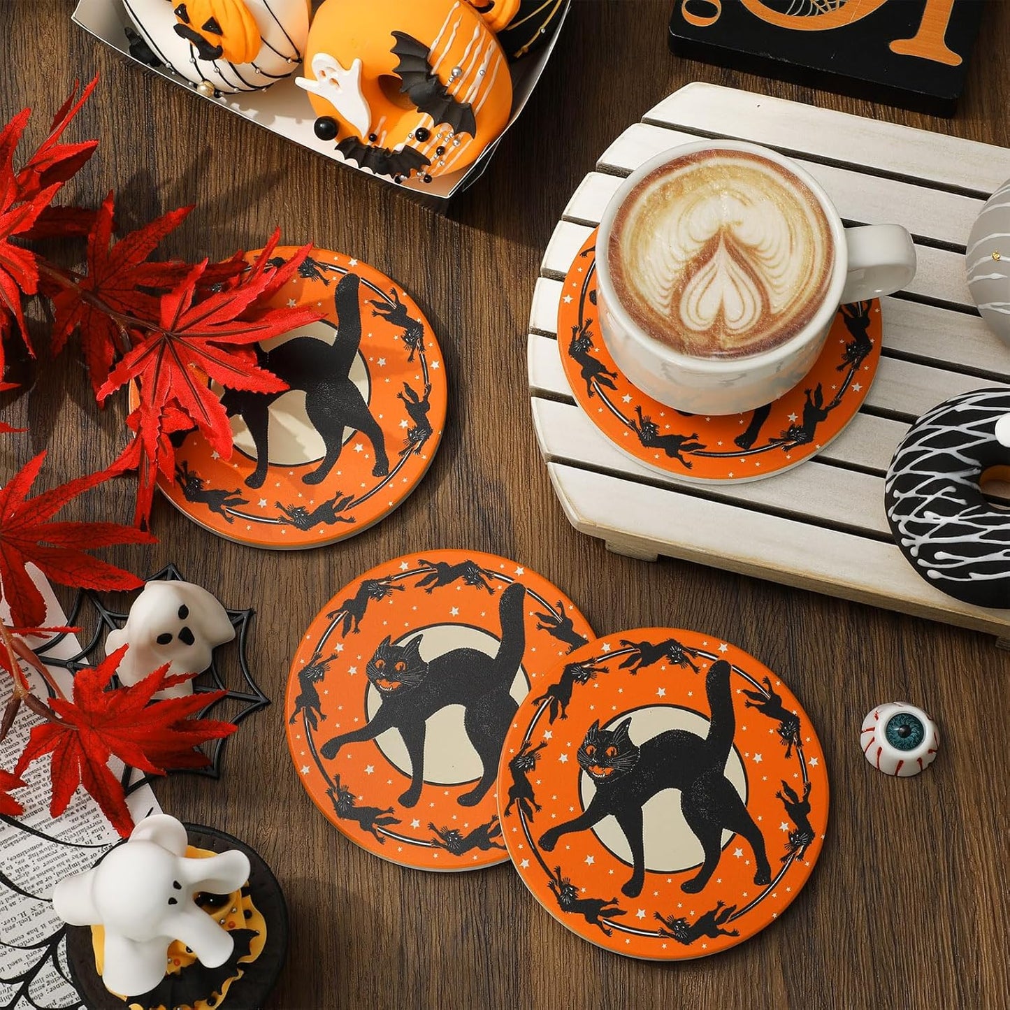 Generic AnyDesign 4Pcs Halloween Coasters Black Cat Ceramic Drink Coasters Vintage Cup Mats for Home Kitchen Table Protection Housewarming Gift
