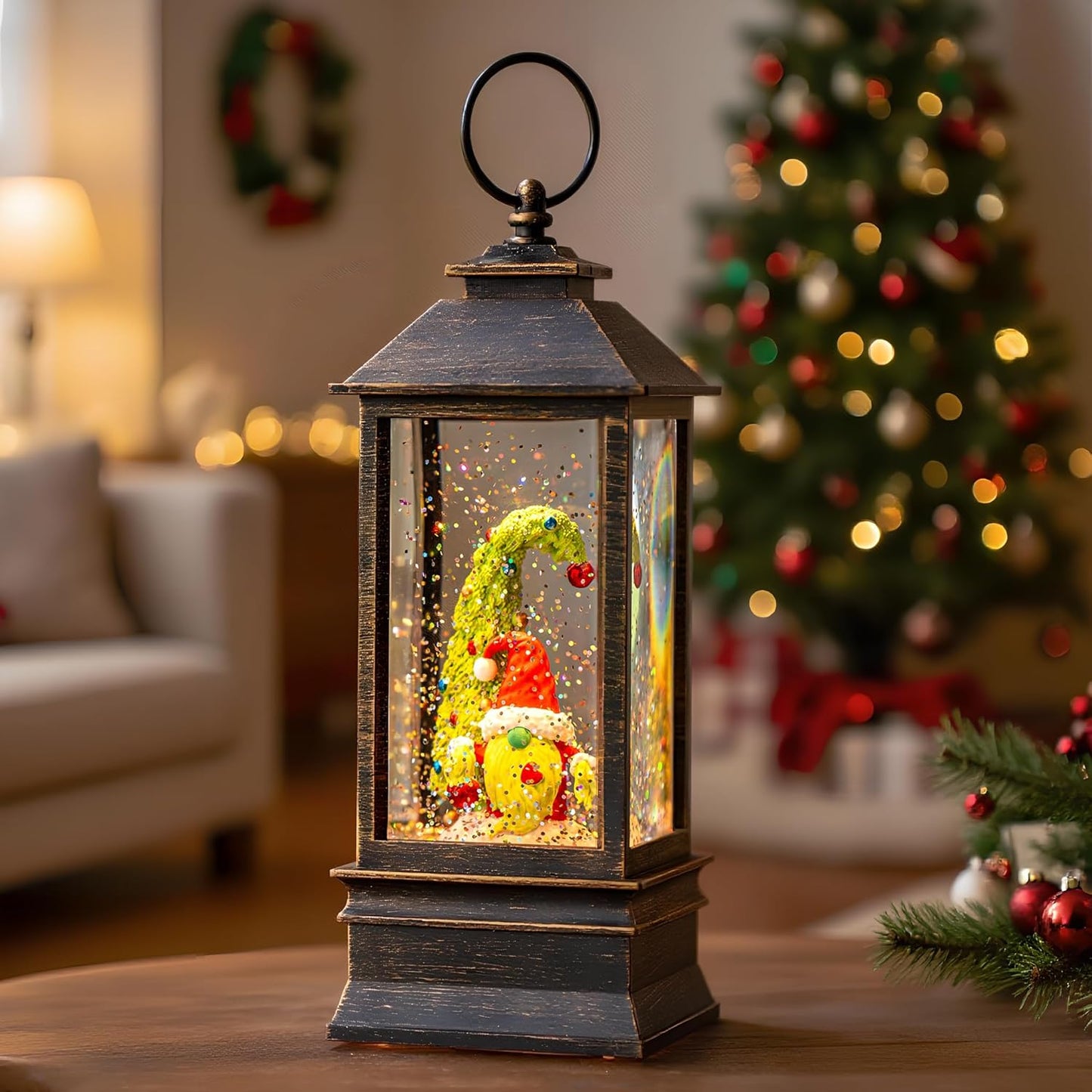 10'' Christmas Gnomes Snow Globe Lantern Lighted Santa Elf Musical Water Lantern Swirling Glittering Home Decoration and Gift, Battery Operated or USB Powered