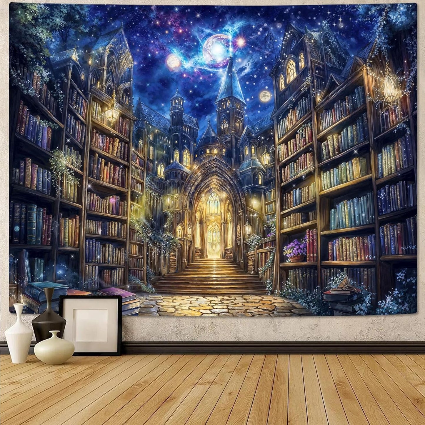 Accnicc Fantasy Bookshelf Tapestry Space Library Tapestries Wall Hanging Gothic Galaxy Castle Magic Book Large Tapestry for Bedroom Living Room Dorm Classroom 80 x 60 inch