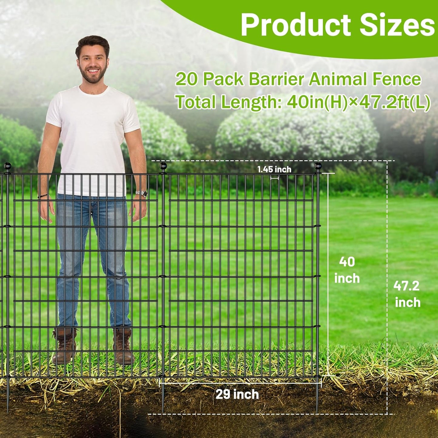 20 Panels No Dig Decorative Outdoor Garden Fence for Yard with Gate, 40 in(H) X 47.2 ft(L) Animal Barrier Fencing Rustproof Metal Wire Panel Border for Dog, Rabbits, and Patio Temporary Ground Stakes