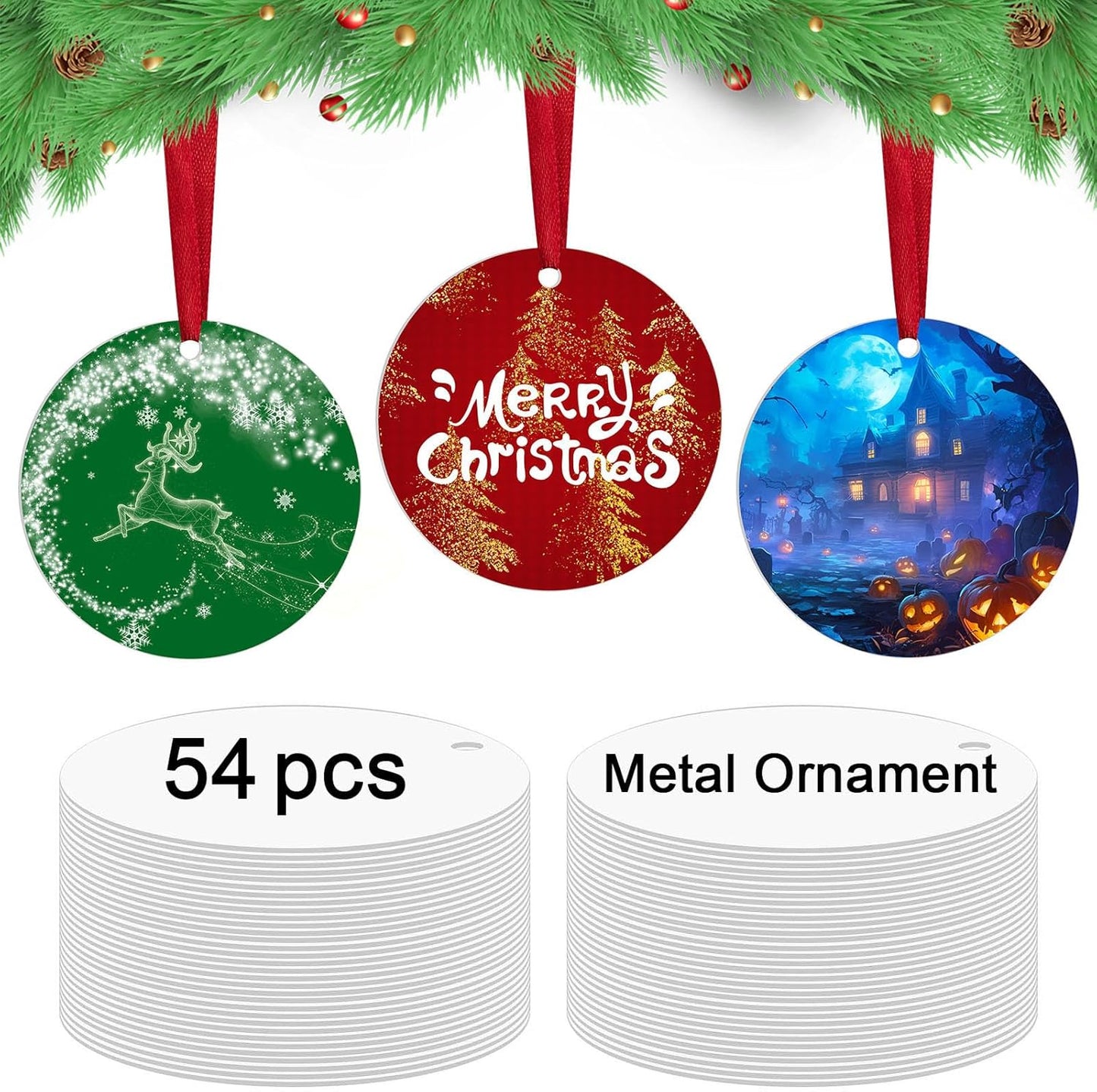 54 pcs Metal Sublimation Ornament Blanks,Sublimation Christmas Ornament Blanks for Christmas Tree Decor Ornaments,Double Sided Sublimation Ornaments Round Sublimation Blanks