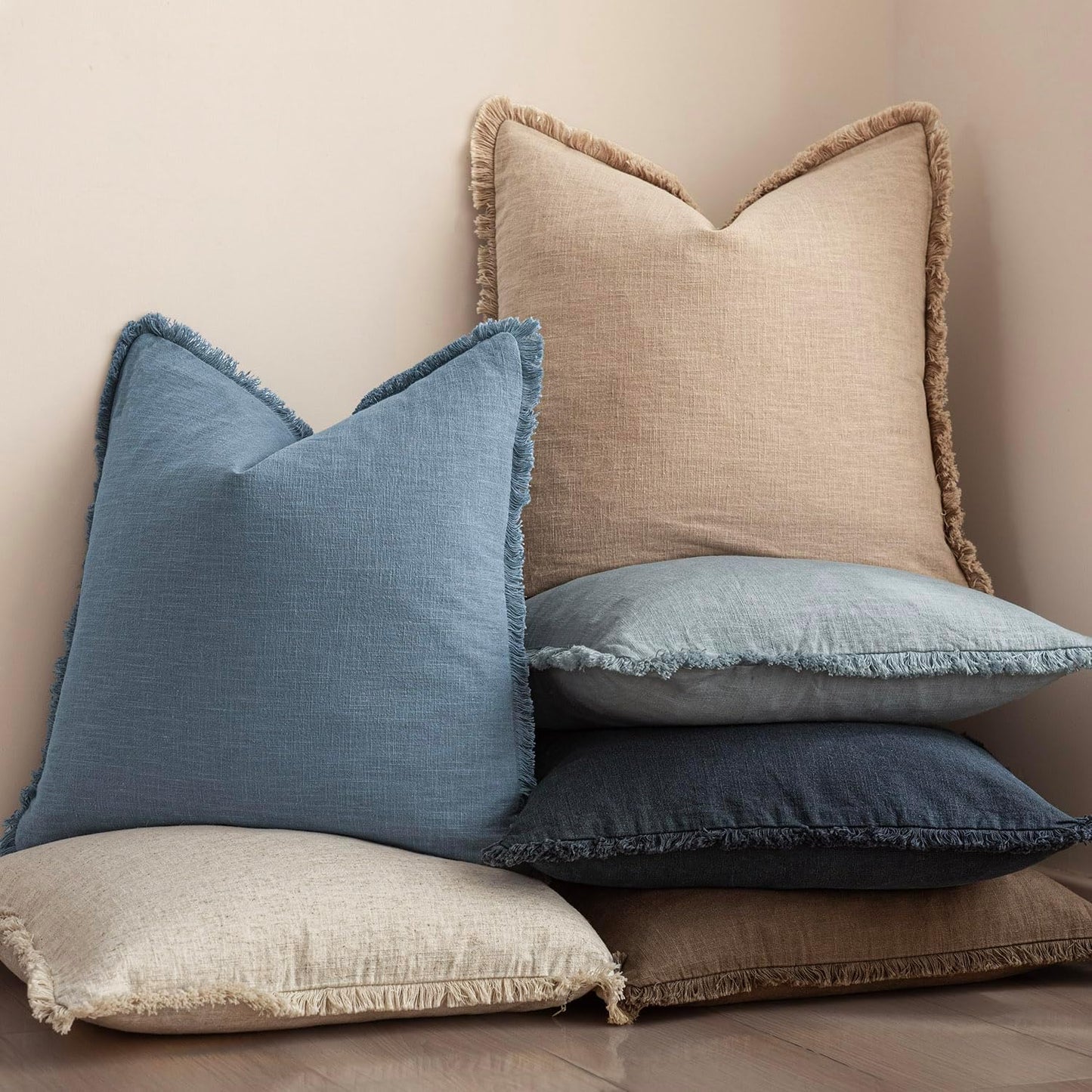 Foindtower Set of 2 Decorative Linen Fringe Throw Pillow Covers Cozy Boho Farmhouse Cushion Cover with Tassels Soft Accent Pillowcase for Couch Sofa Bed Living Room Home Decor, 26×26 Inch, Misty Blue