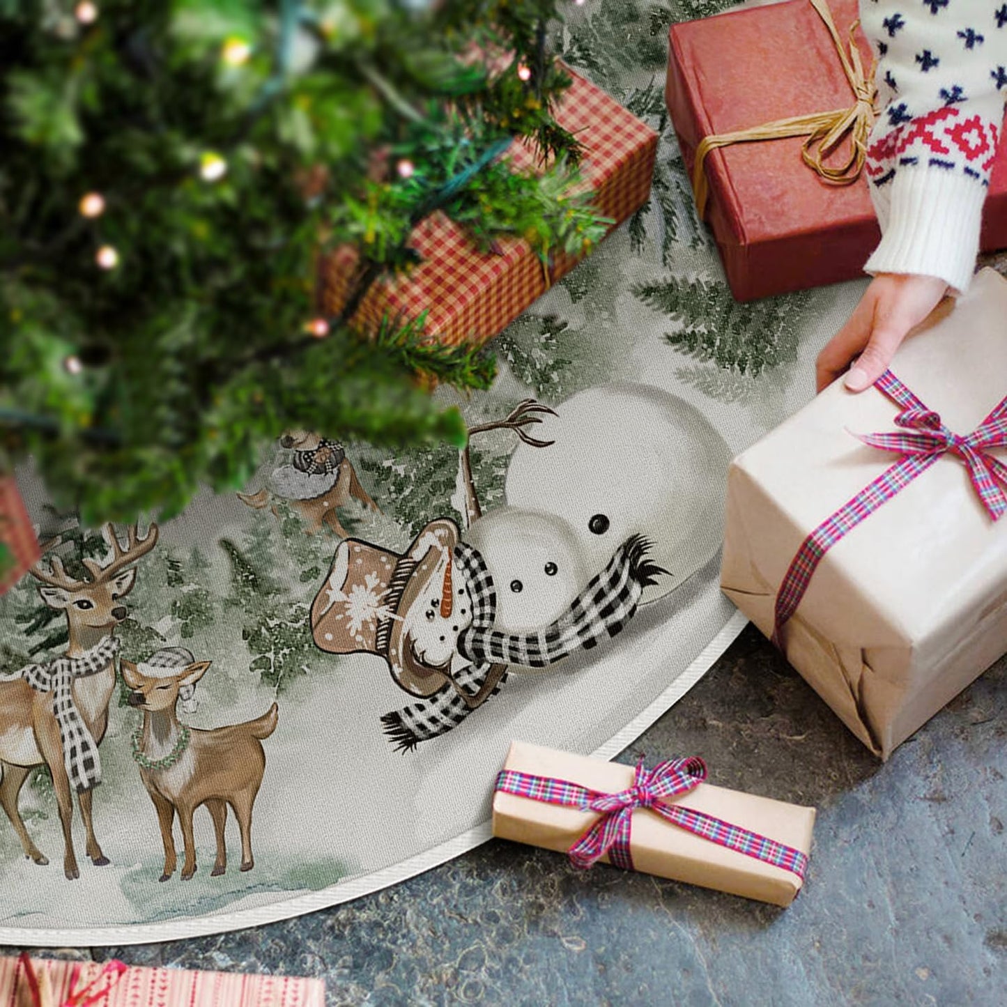 AVOIN colorlife Snowman Reindeer Snowflake Christmas Tree Skirt 36 Inch, Winter Holiday Tree Mat Decoration